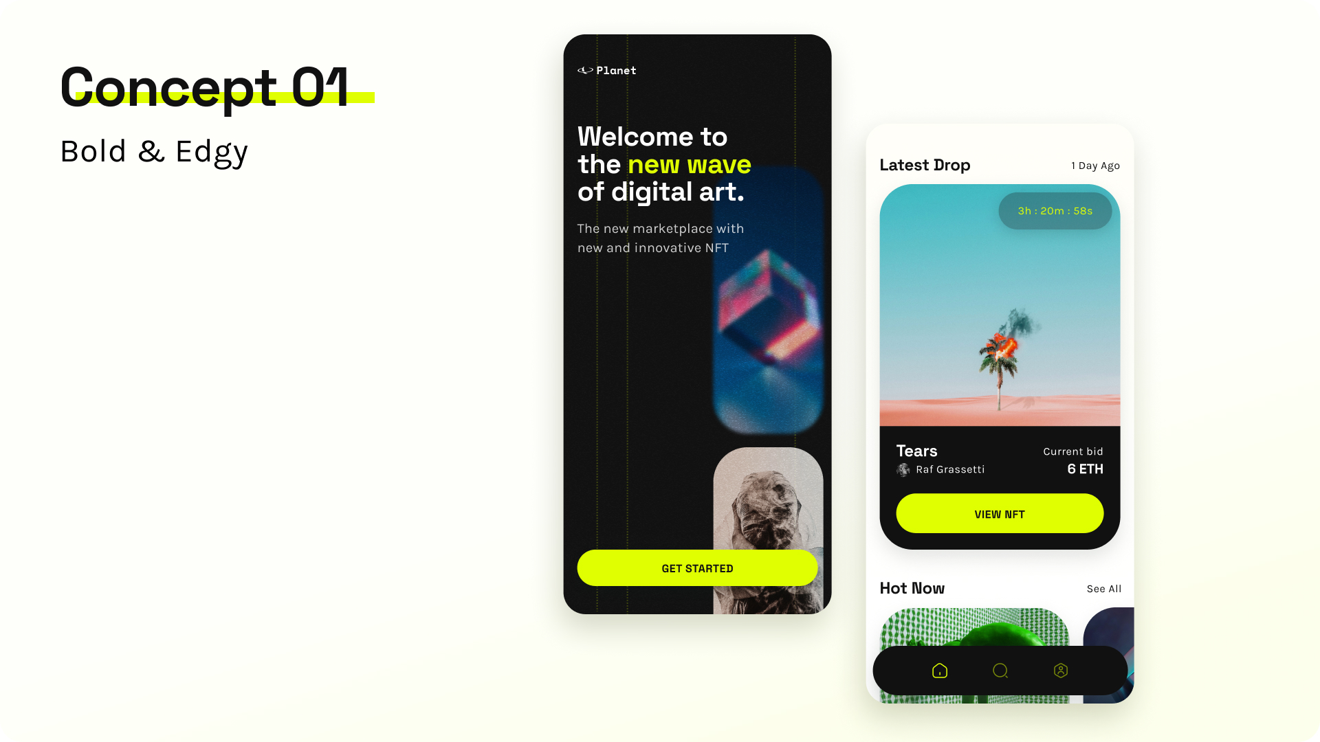 Splash screen and home screen showing Concept 1: Bold and Edgy look
