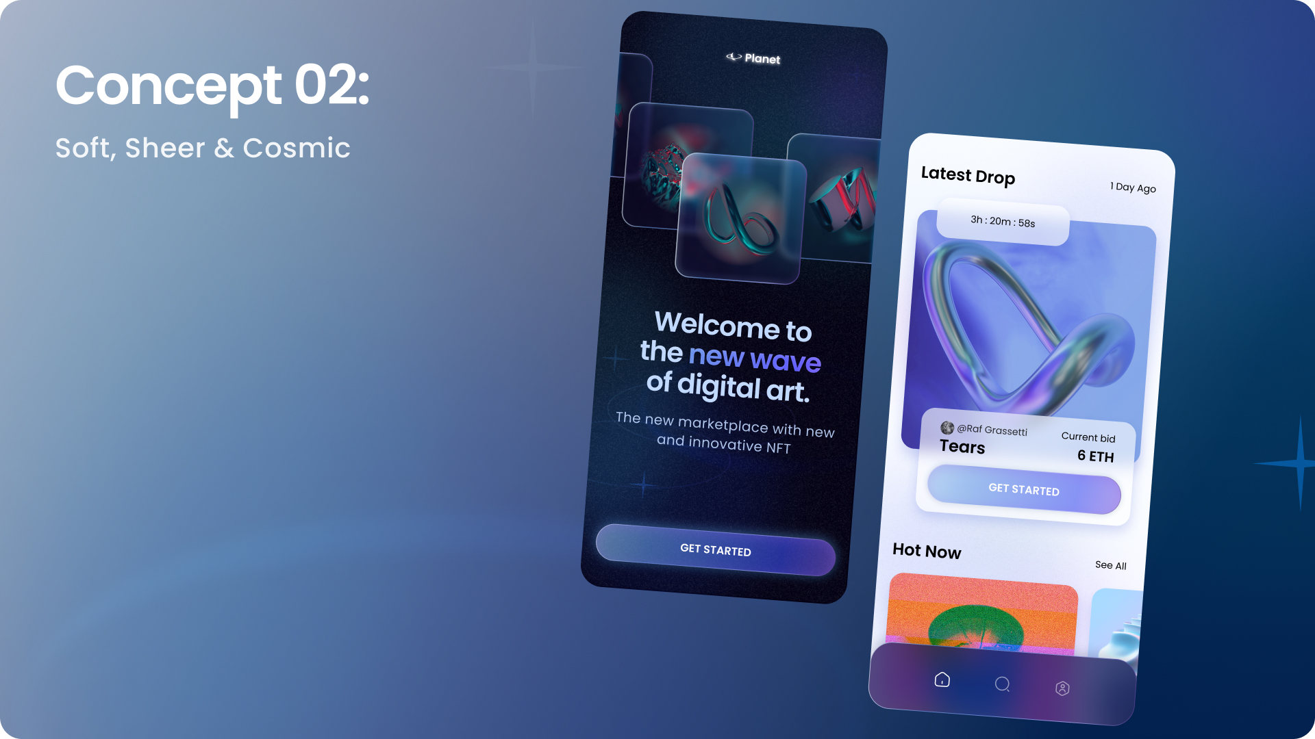Splash screen and home screen showing design for Concept 2: Soft sheer and cosmic