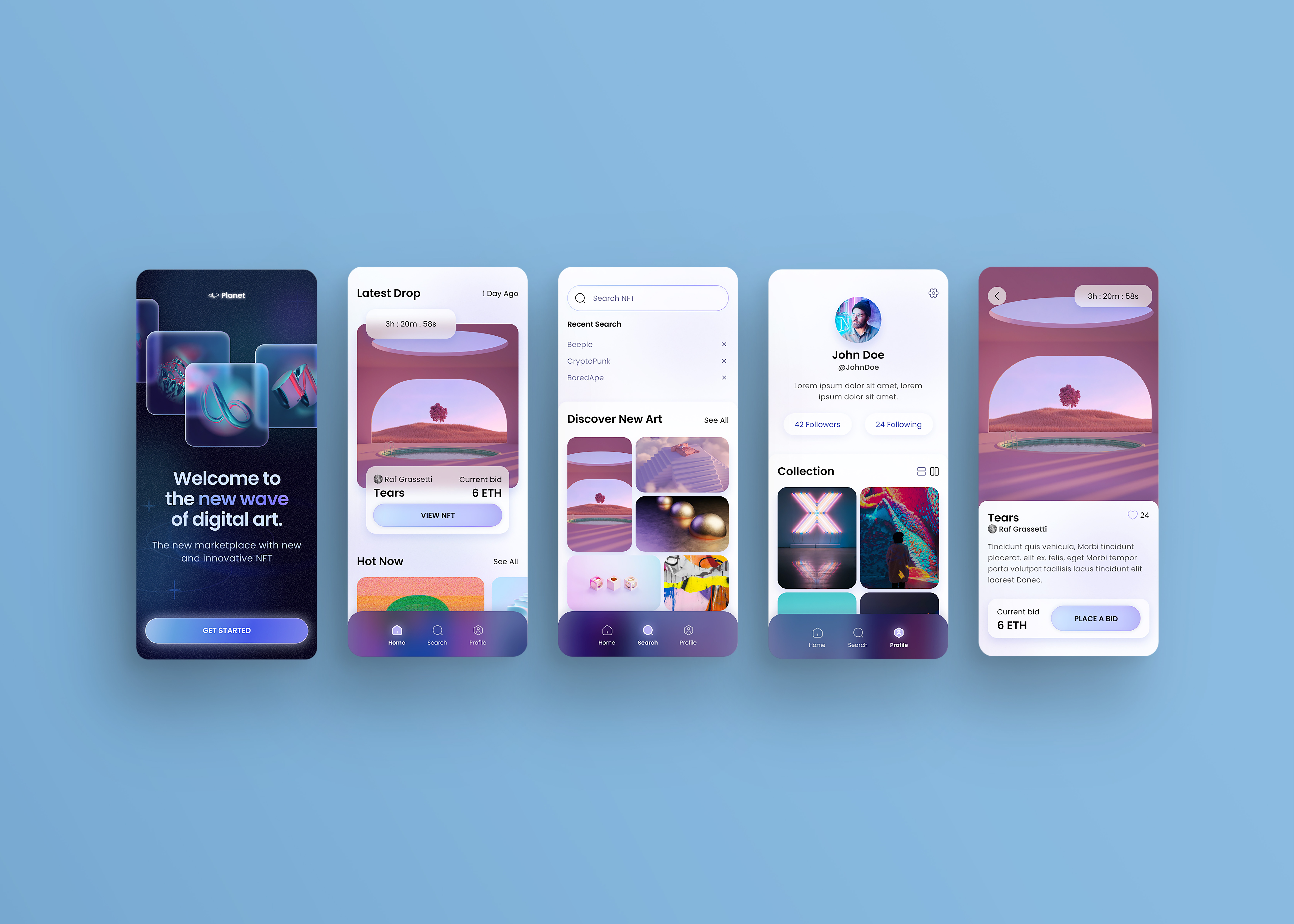 Header image of multiple screens of NFT marketplace app