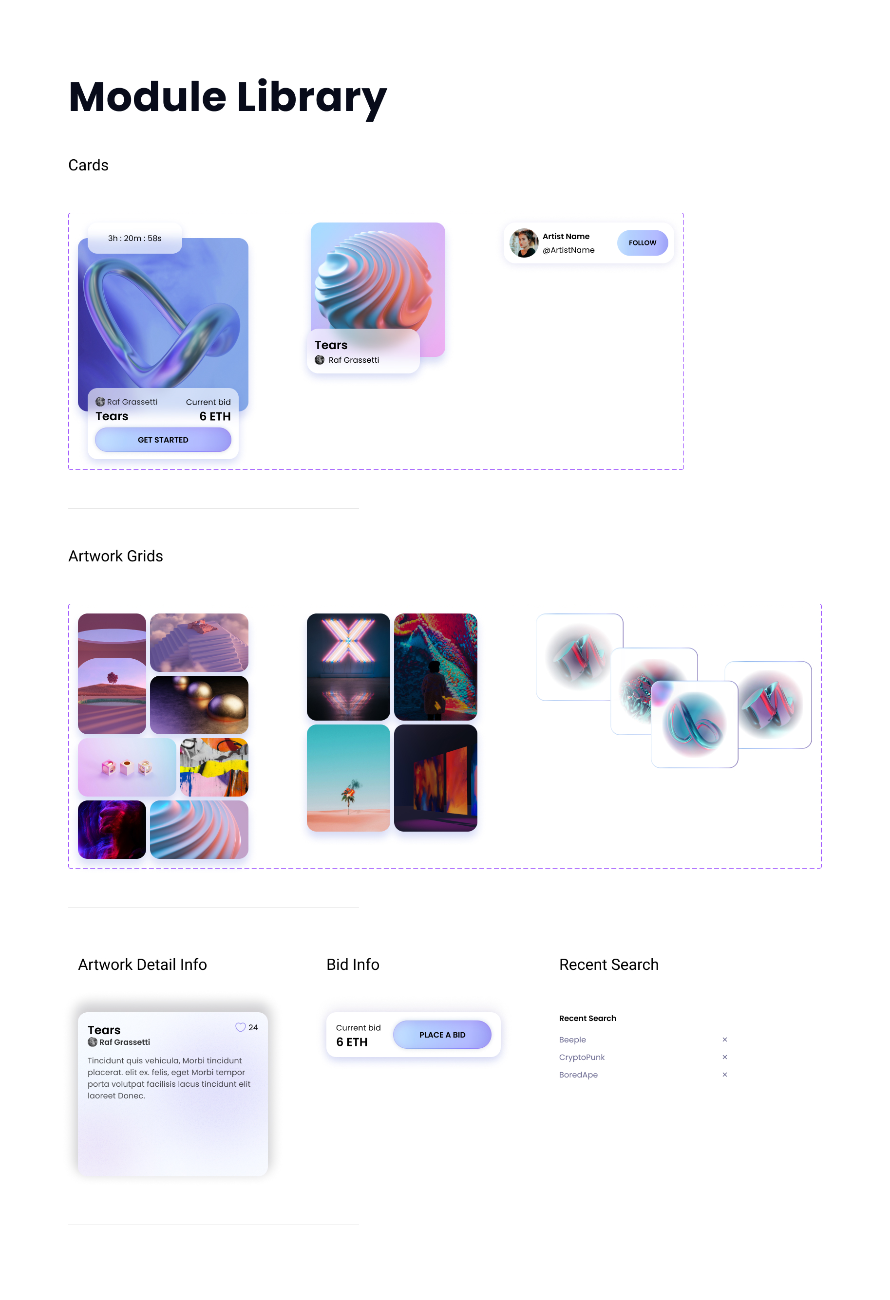 Module library with cards, clusters, and other repeated elements