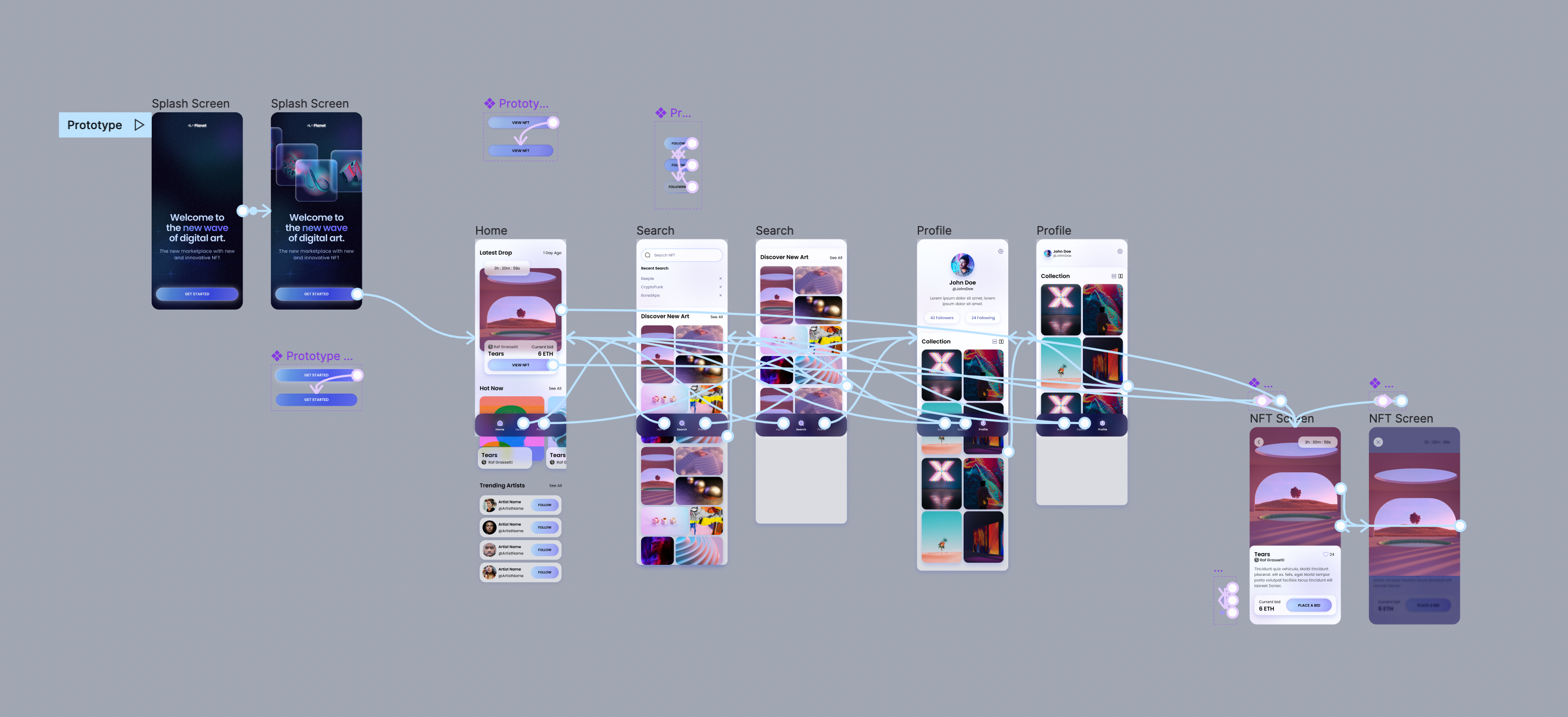 Screen shot of Figma workspace showing screens connected by prototype nodes