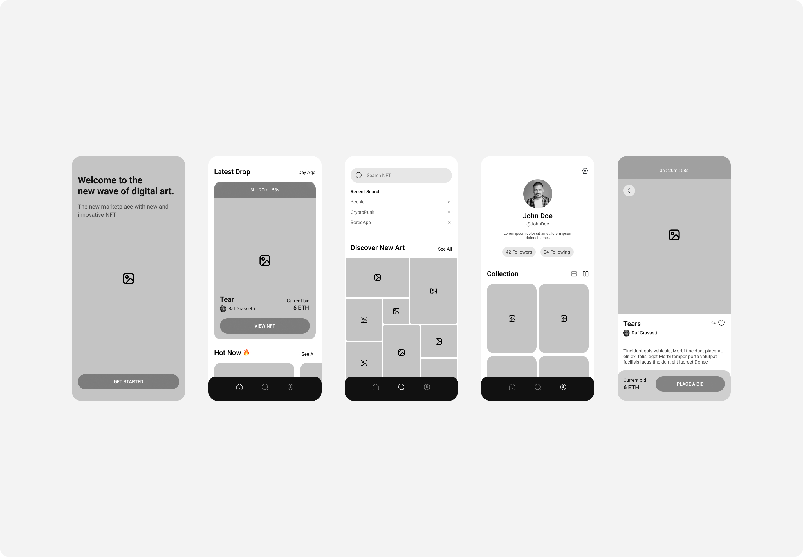 Wireframes of five main screens of user flow