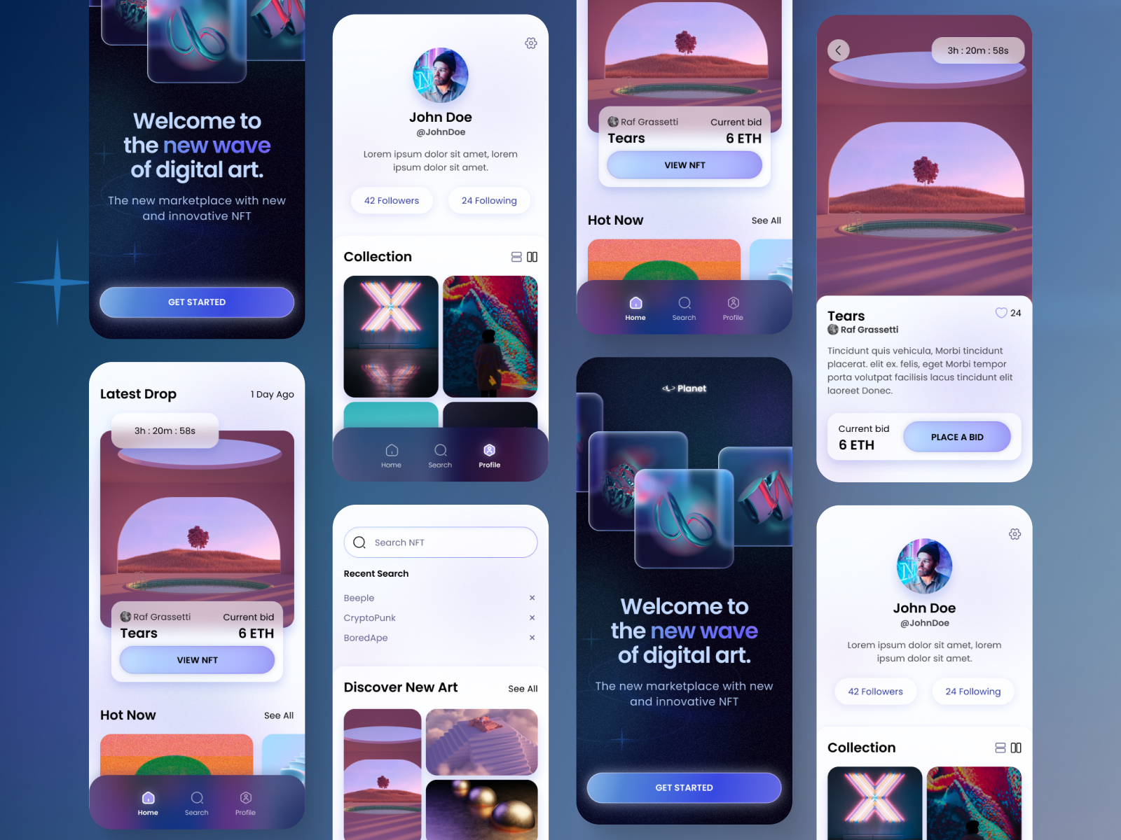 Array of multiple final screens of the Planet marketplace app
