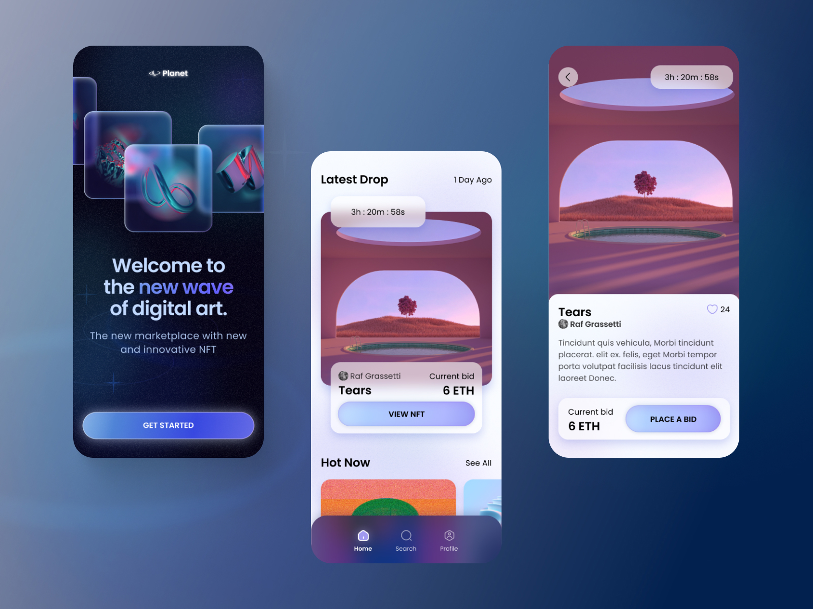 Splash screen, home screen, and product detail page