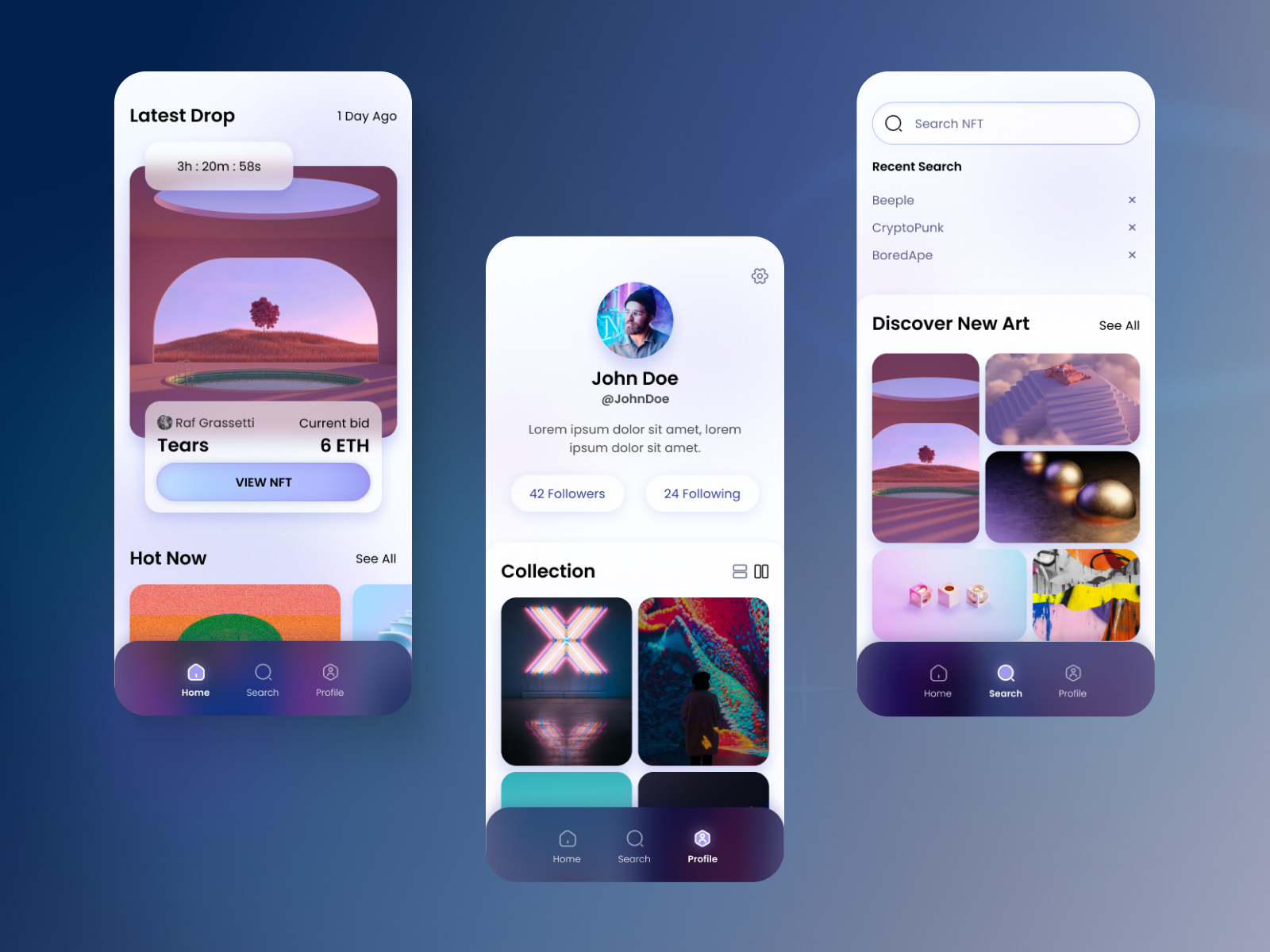 Home screen, artist profile page, and search and discover page