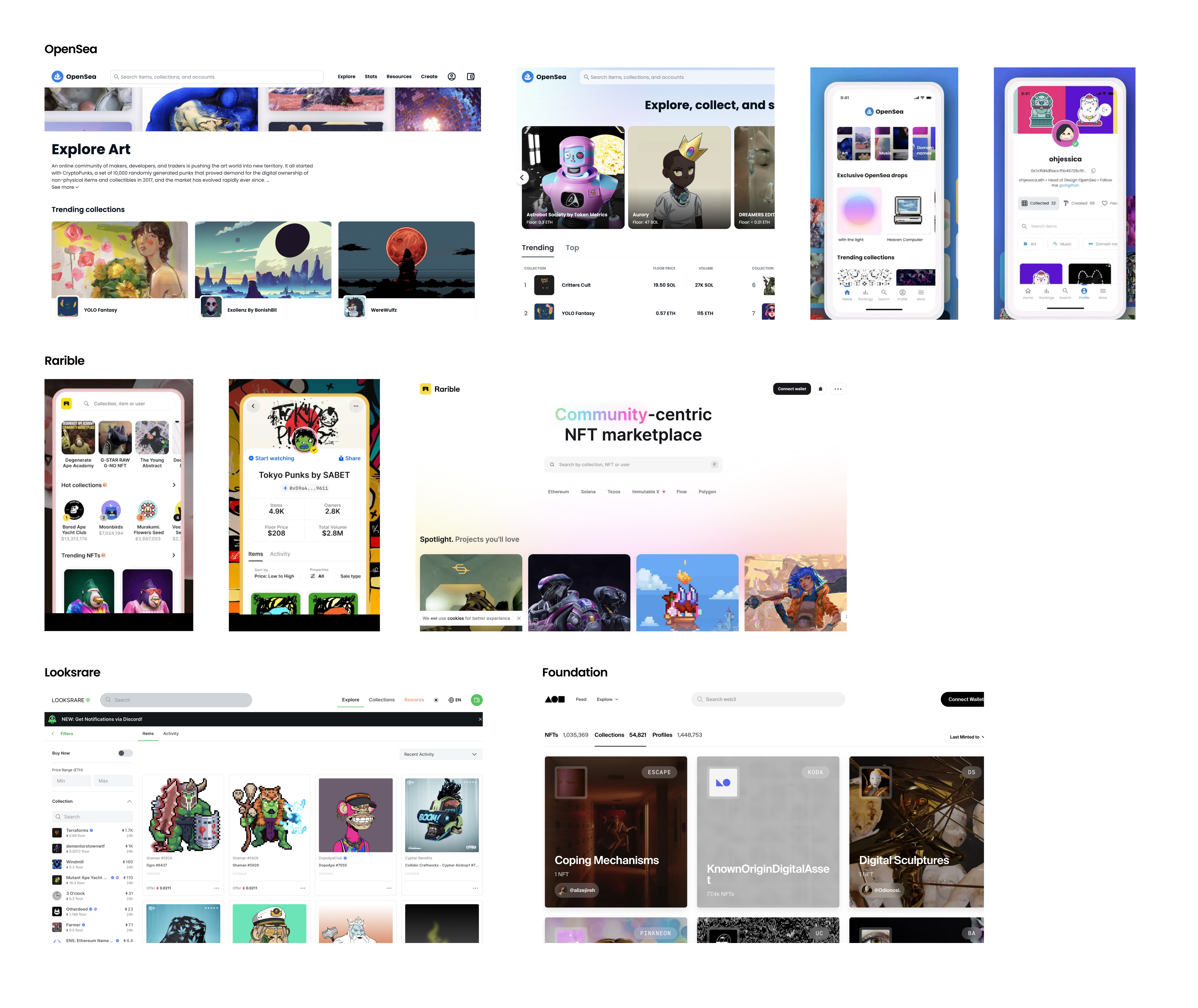 Screen grabs of existing NFT marketplace websites and apps