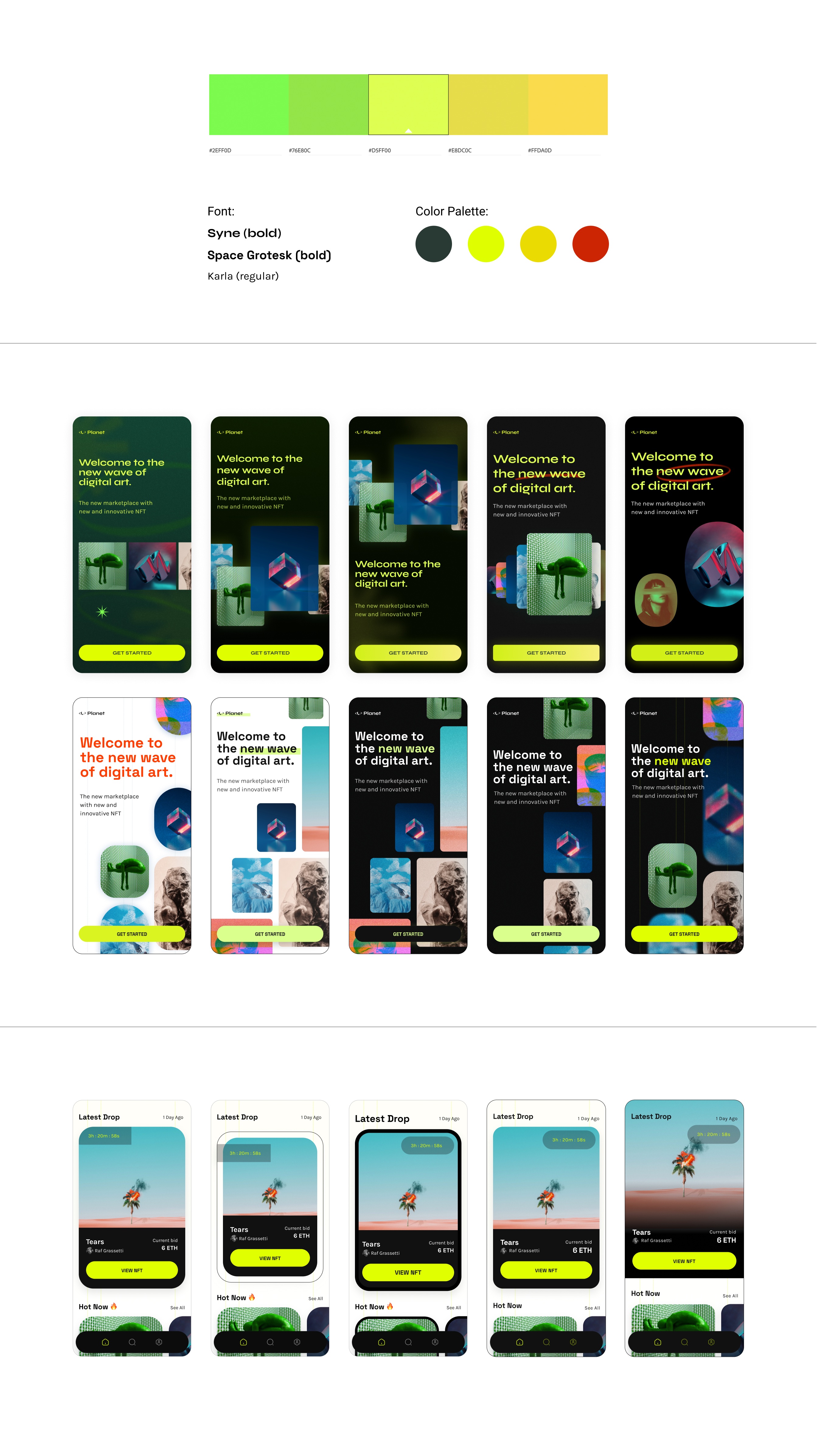 Color palette and many app screens experimenting with various versions of bold and edgy concept