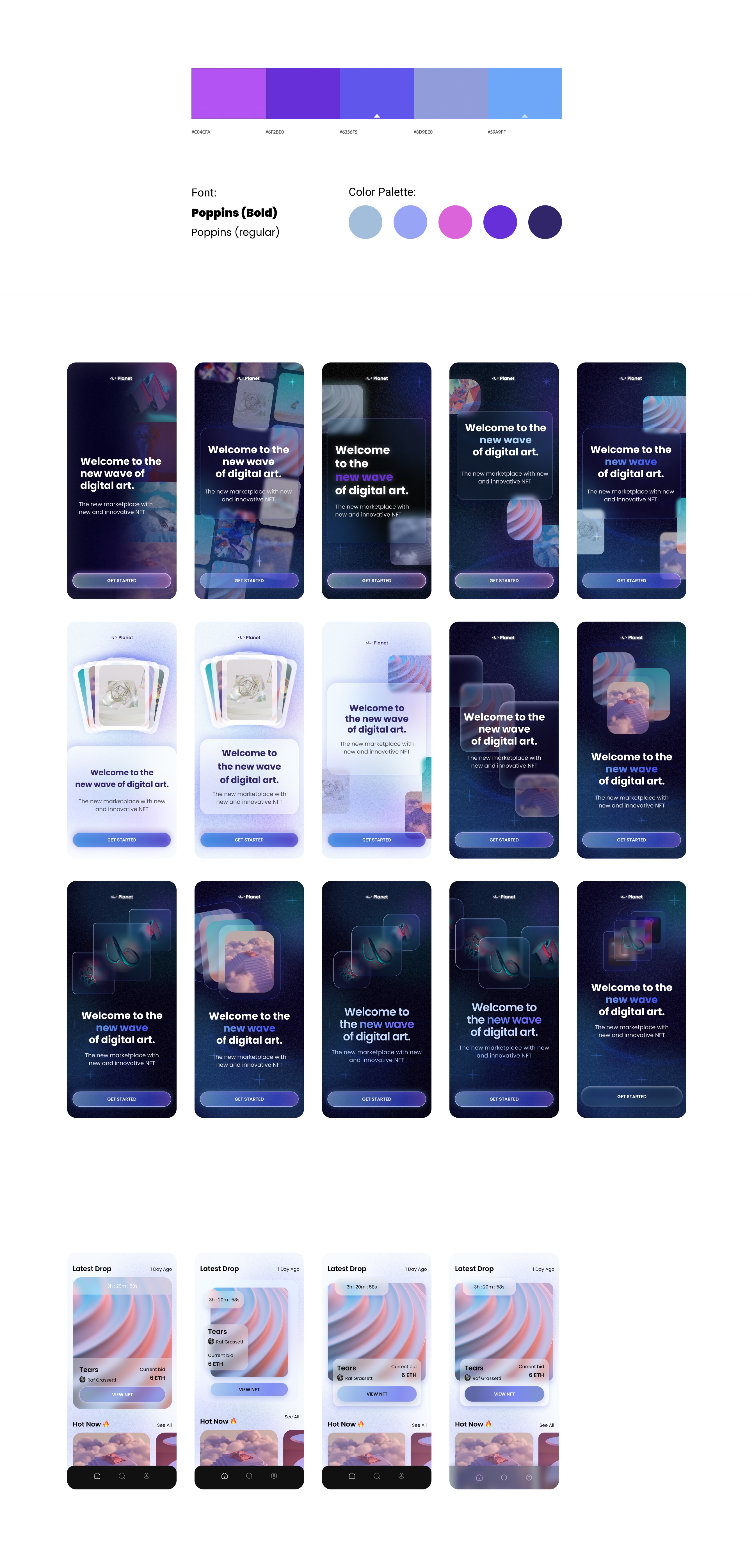 Color palette and many app screens experimenting with various versions of soft and cosmic concept