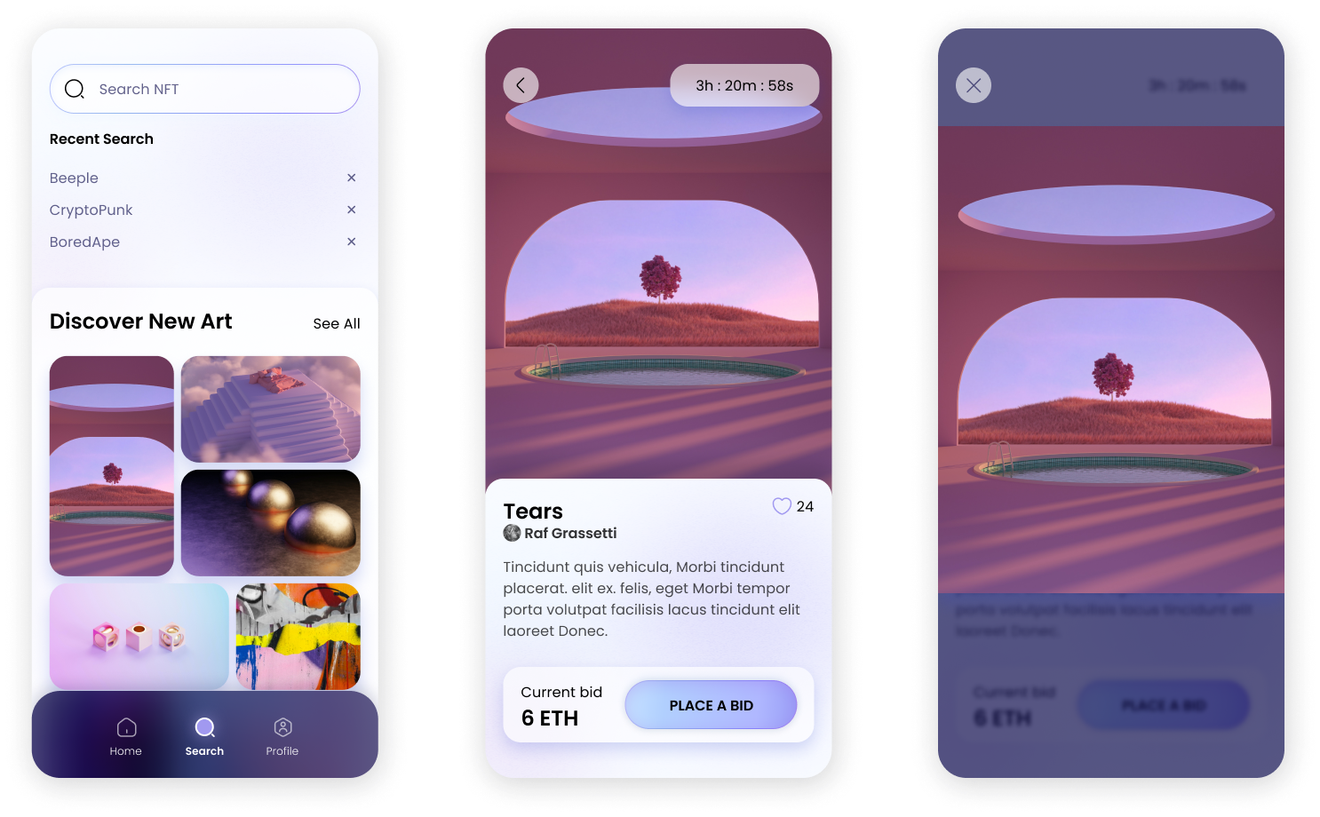 Final designs of search and discover, artwork detail page, and expanded artwork view