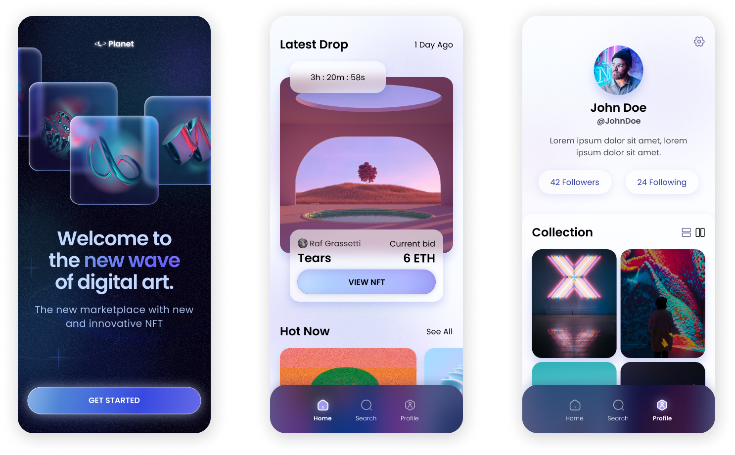 Final designs of splash screen, home screen, and artist profile page