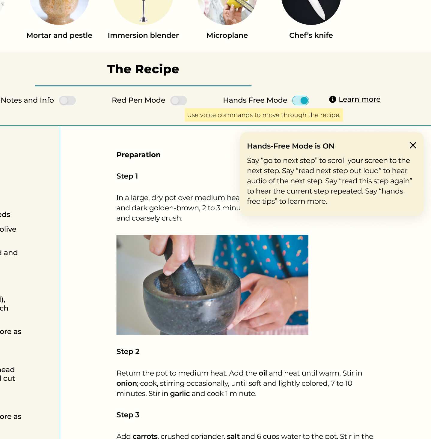 Clipping of mockup showing hands-free feature of recipe page