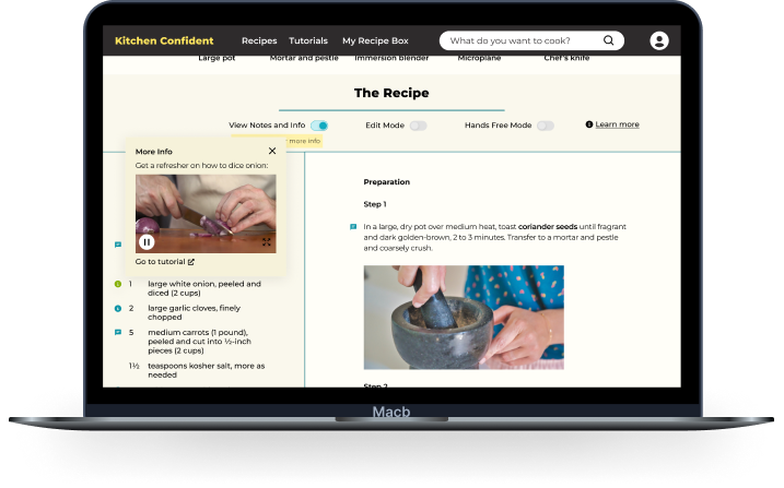 Recipe page on desktop with video tutorial pop-up