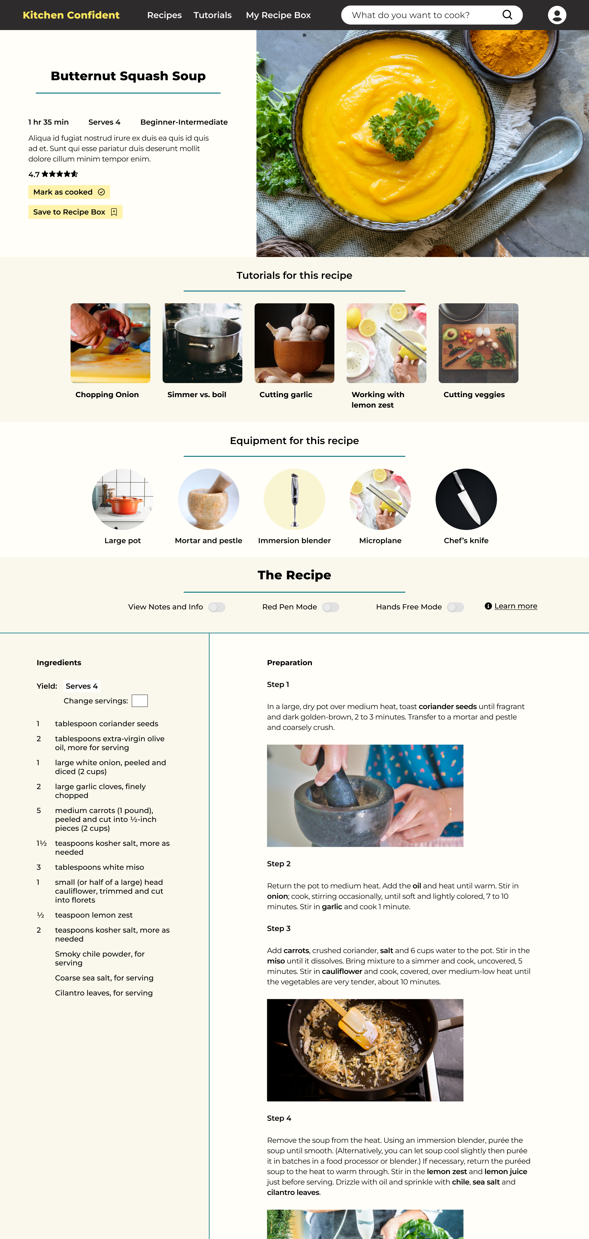 High fidelity mockup of desktop size of recipe page
