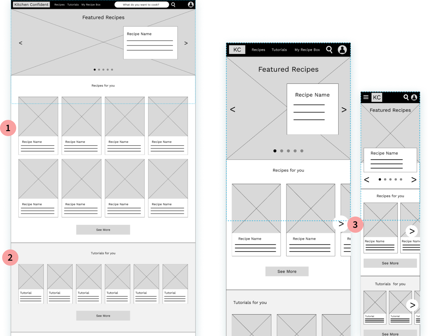 Digital wireframes of desktop, tablet, and phone sizes of home page with annotations below