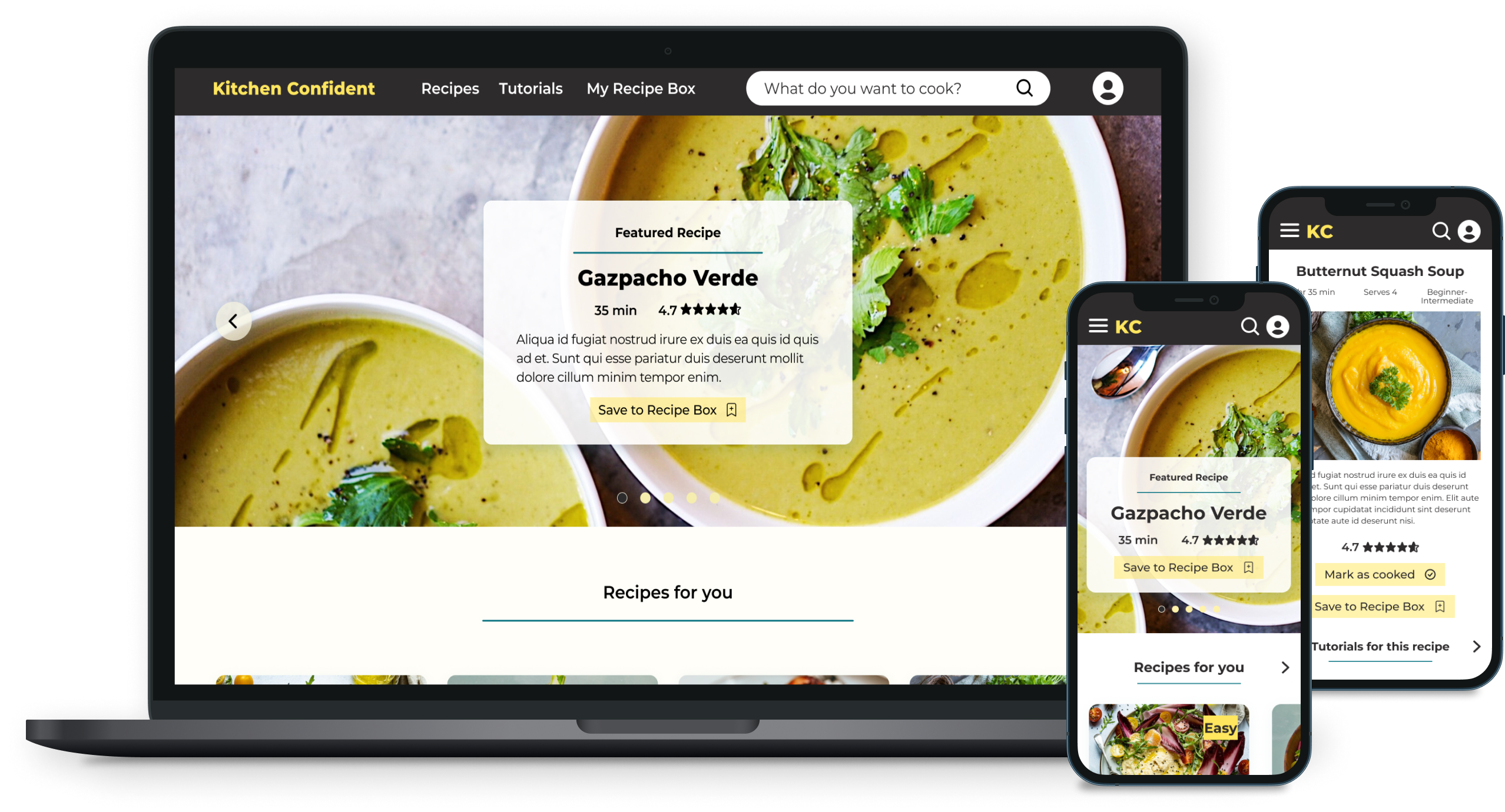 Header image of Kitchen Confident web pages on desktop and mobile screens