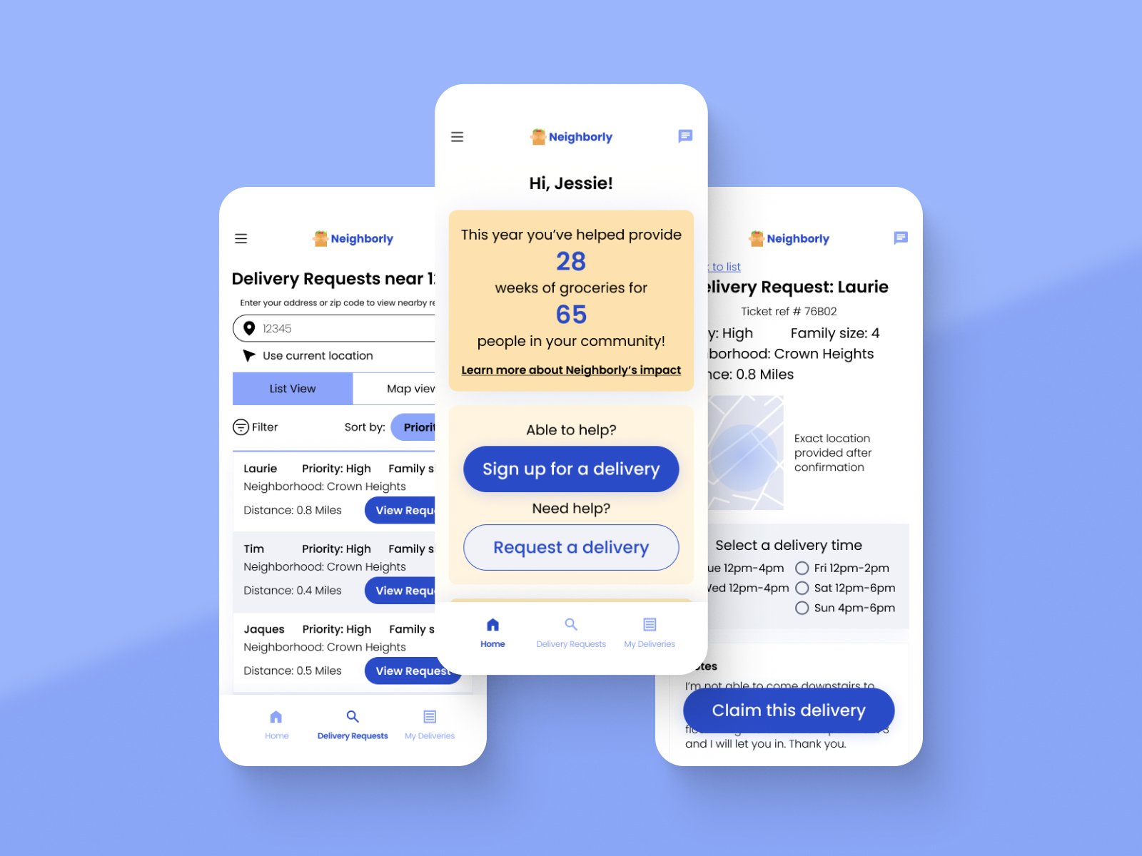 Splash image of app home screen, list of delivery requests, and delivery request detail screen