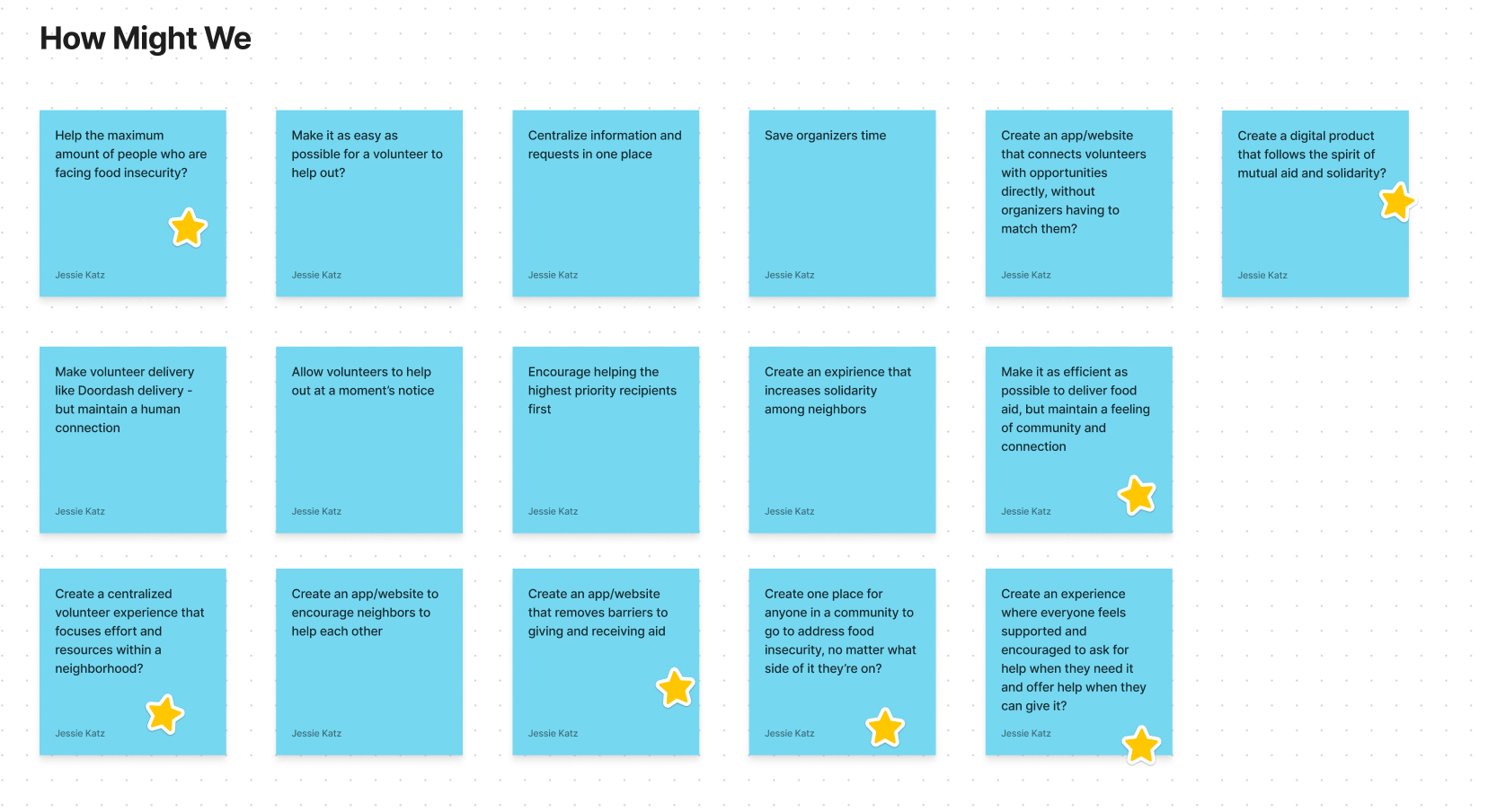 Digital sticky notes of How Might We brainstorm