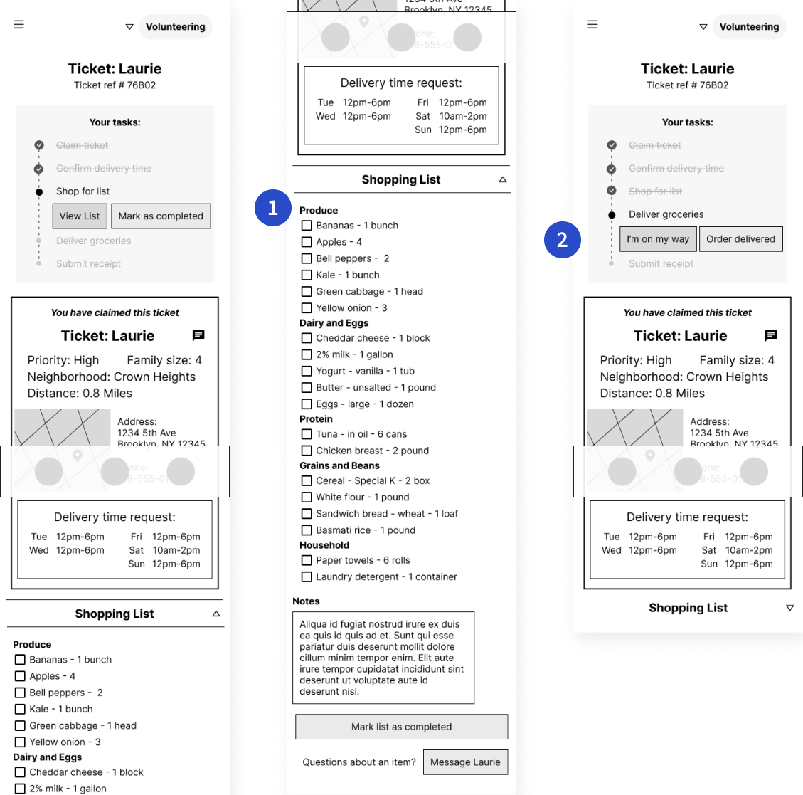 Digital wireframes of mobile app showing shopping list and CTA to deliver the order, with annotations below