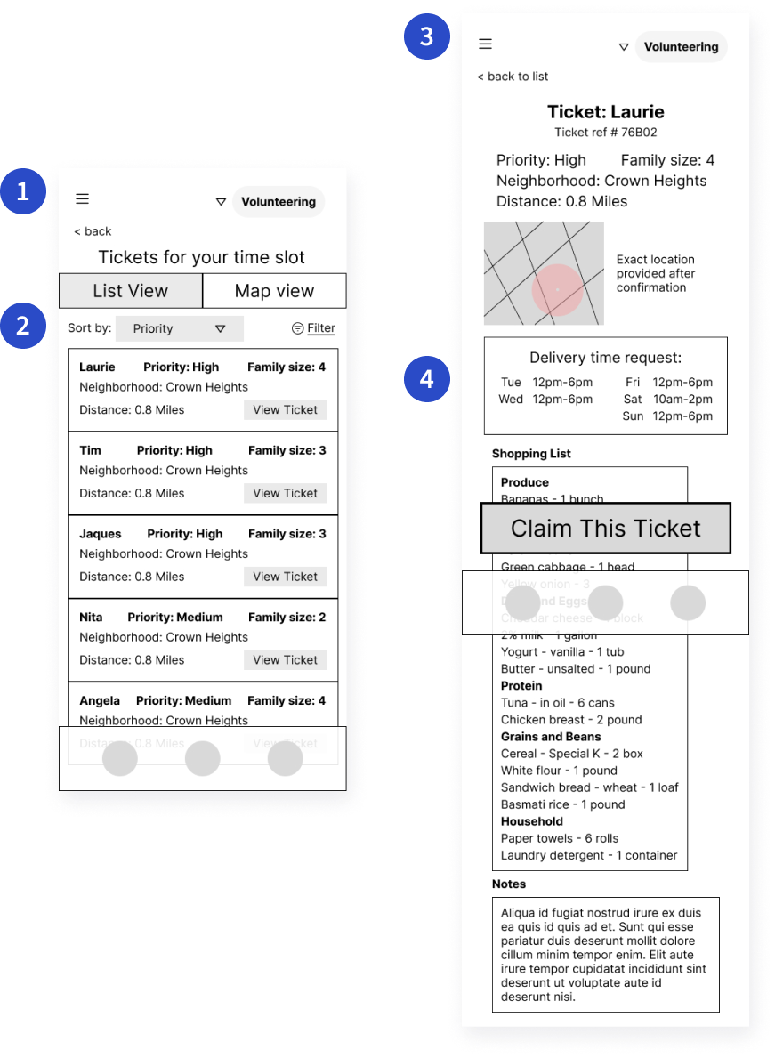 Digital wireframes for mobile app showing list of delivery requests, and delivery request preview page, with annotations below