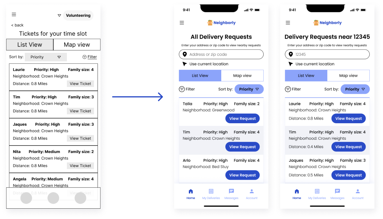 Before image showing wireframe of list of delivery requests, and after images showing high fidelity mockups
