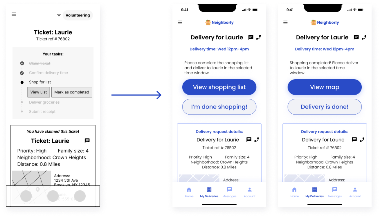 Before and after images showing wireframe of delivery task list and high fidelity mockup of delivery task CTAs