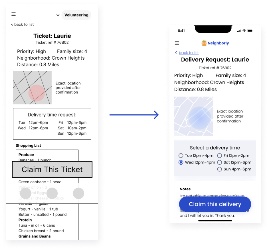 Before and after images showing wireframe of ticket preview screen and high fidelity mockup of this screen