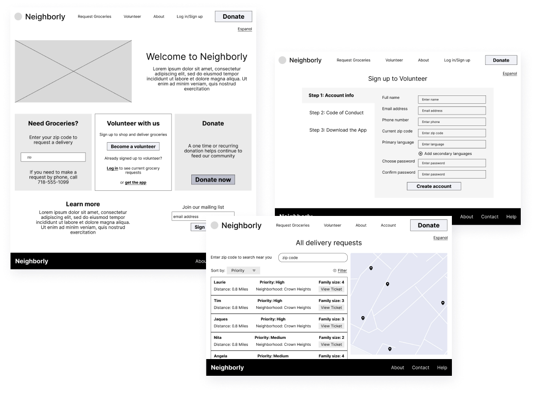 Digital wireframes of desktop website including Neighborly home page, volunteer signup form, and list of delivery requests with map