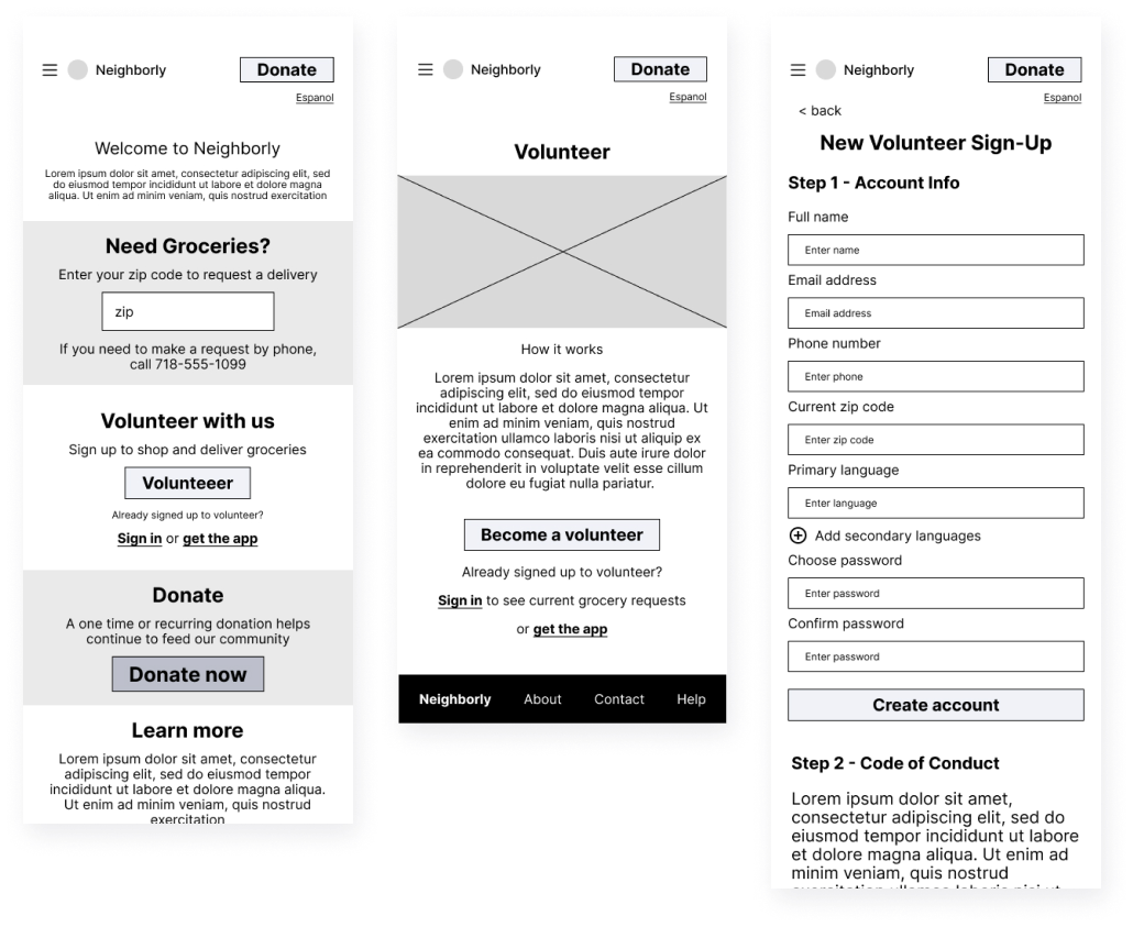 Digital wireframes for mobile web showing Neighborly home screen, volunteer information screen, and new volunteer signup form