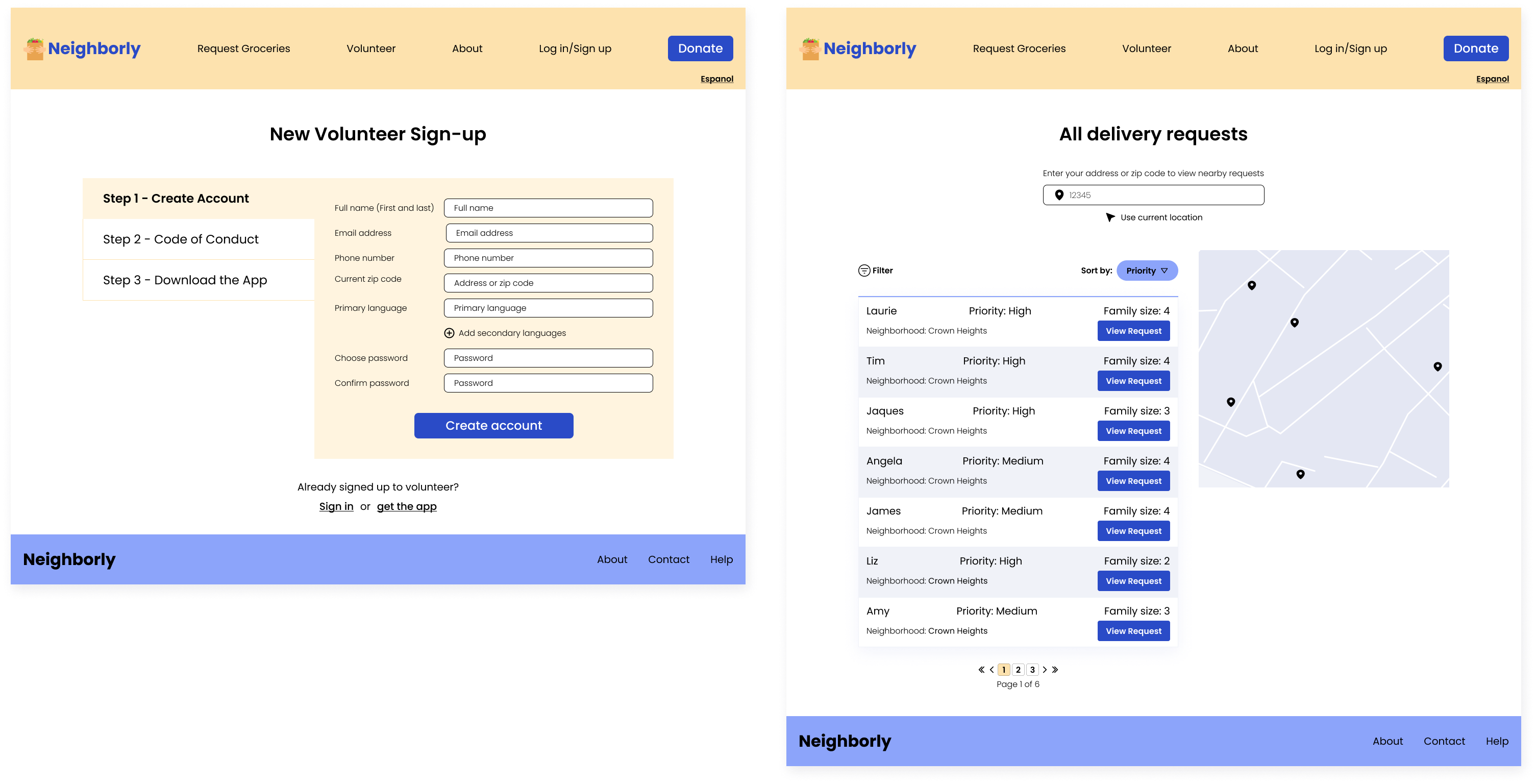High fidelity mockups for desktop web showing new volunteer signup form and list of delivery requests with map