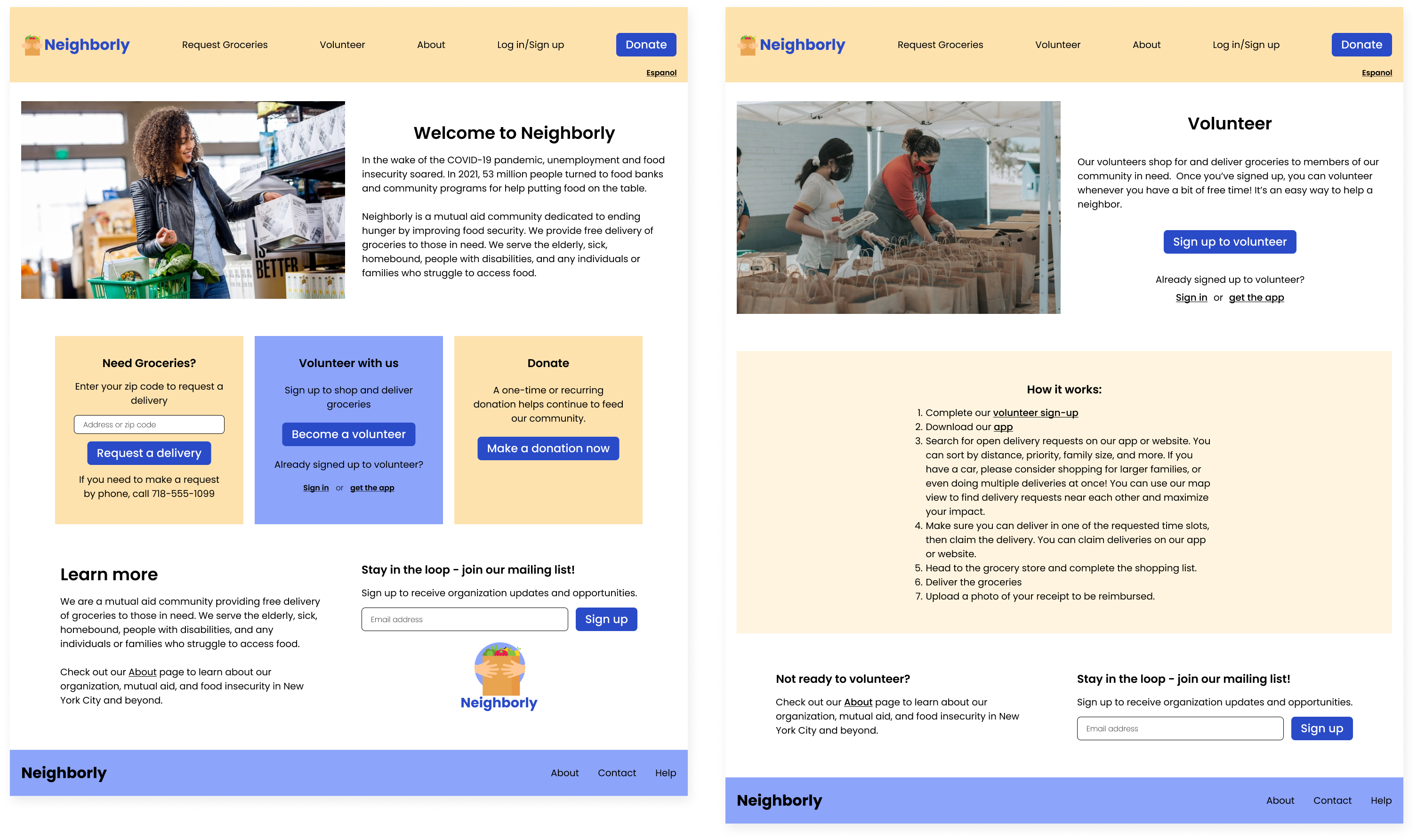 High fidelity mockups for desktop web showing Neighborly home page and volunteer information page