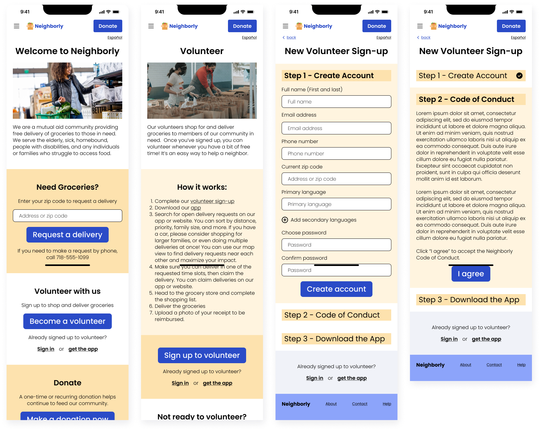 High fidelity mockups of mobile website showing Neighborly home page, volunteer information page, new volunteer signup form, and new volunteer code of conduct page
