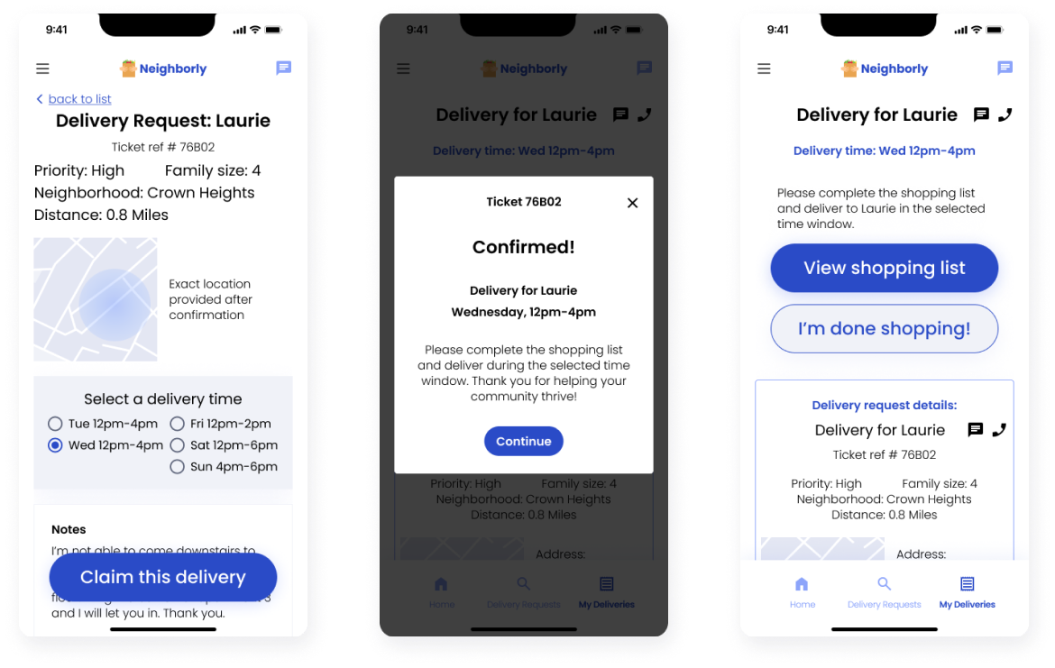 High fidelity mockups of mobile app including screen to claim a delivery, claim confirmation screen, and shopping CTA screen