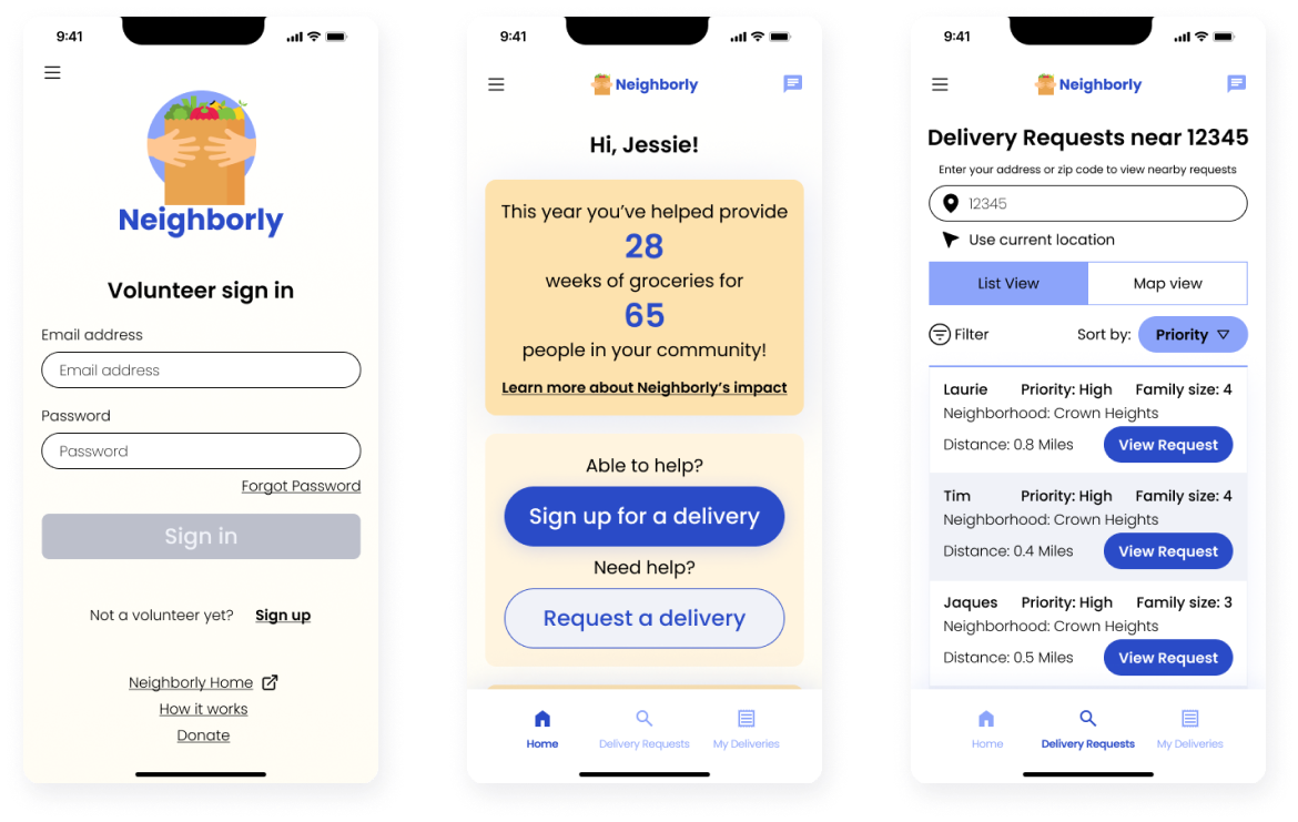 High fidelity mockups of mobile app including user sign in screen, user home screen, and list of delivery requests