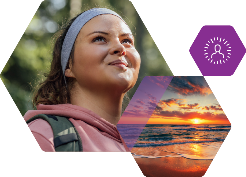 Woman facing out during a hike in the woods paired with an image of the ocean.