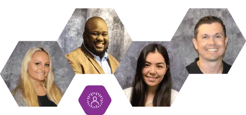 Four images of diverse recruiters in gray hexagons