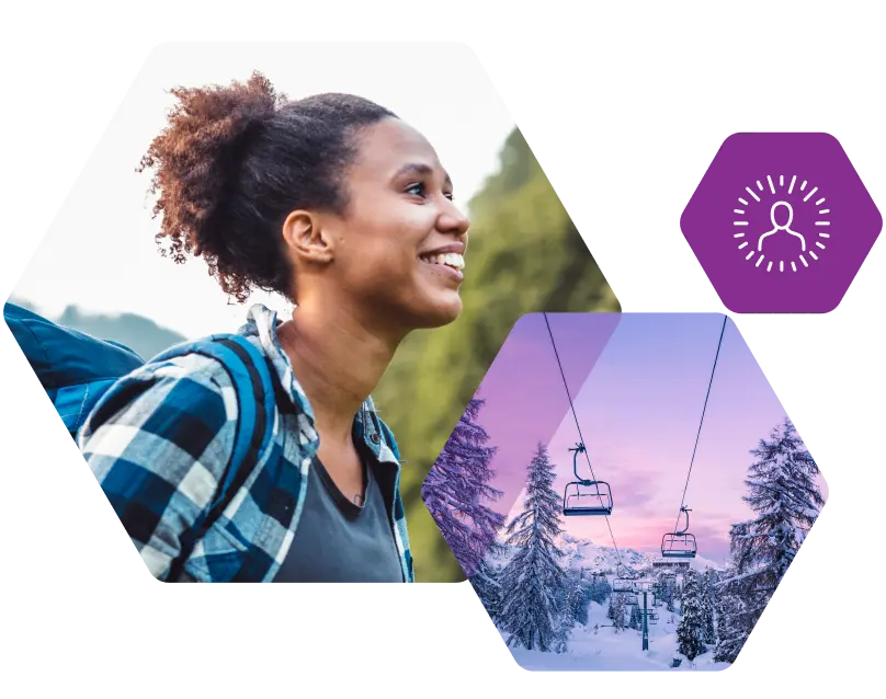 An image of a nurse wearing plaid and a backpack, smiling outdoors. Another image of a ski-lift going between snowy mountains and trees.