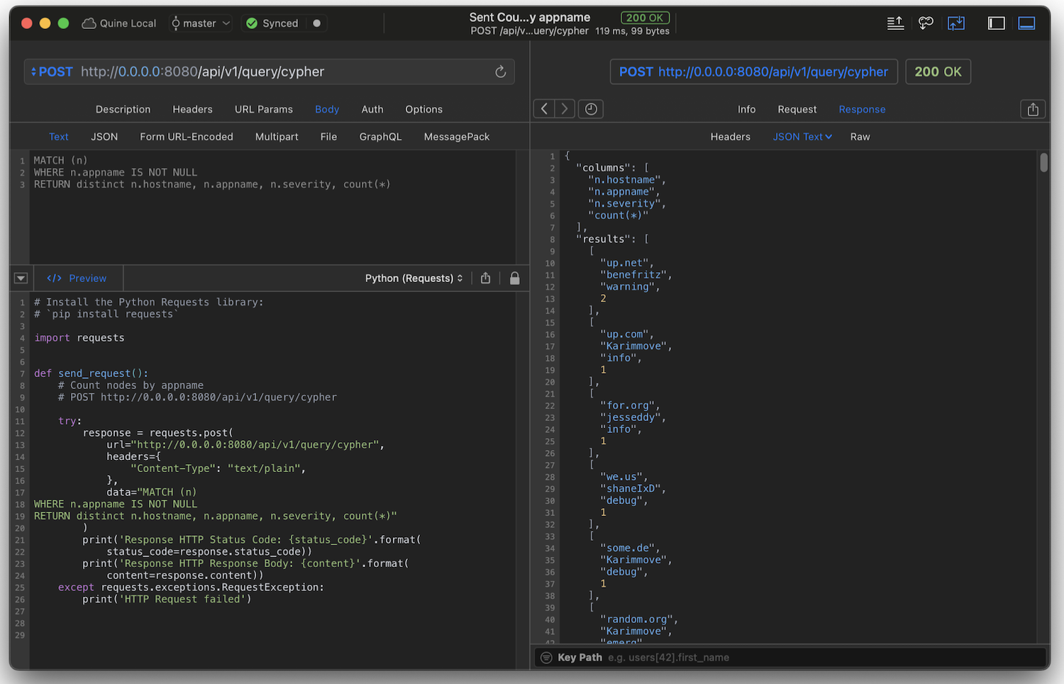 Using my REST API client of choice, I POST a Cypher query that returns the metrics (counts) for parameters that are interesting.