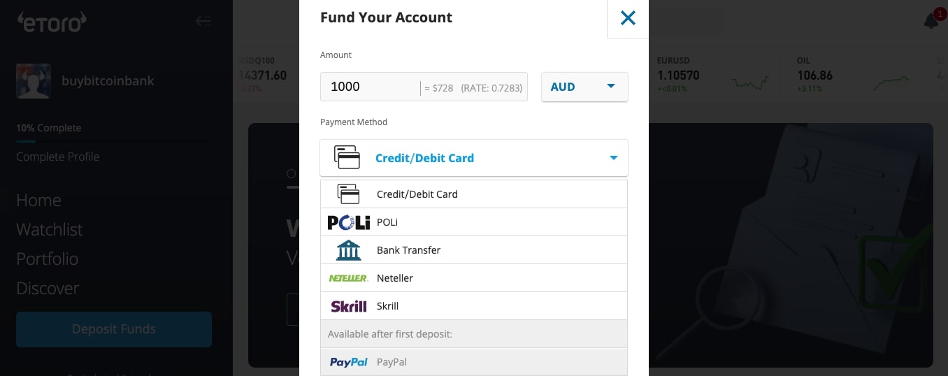 eToro PayPal Deposit Option