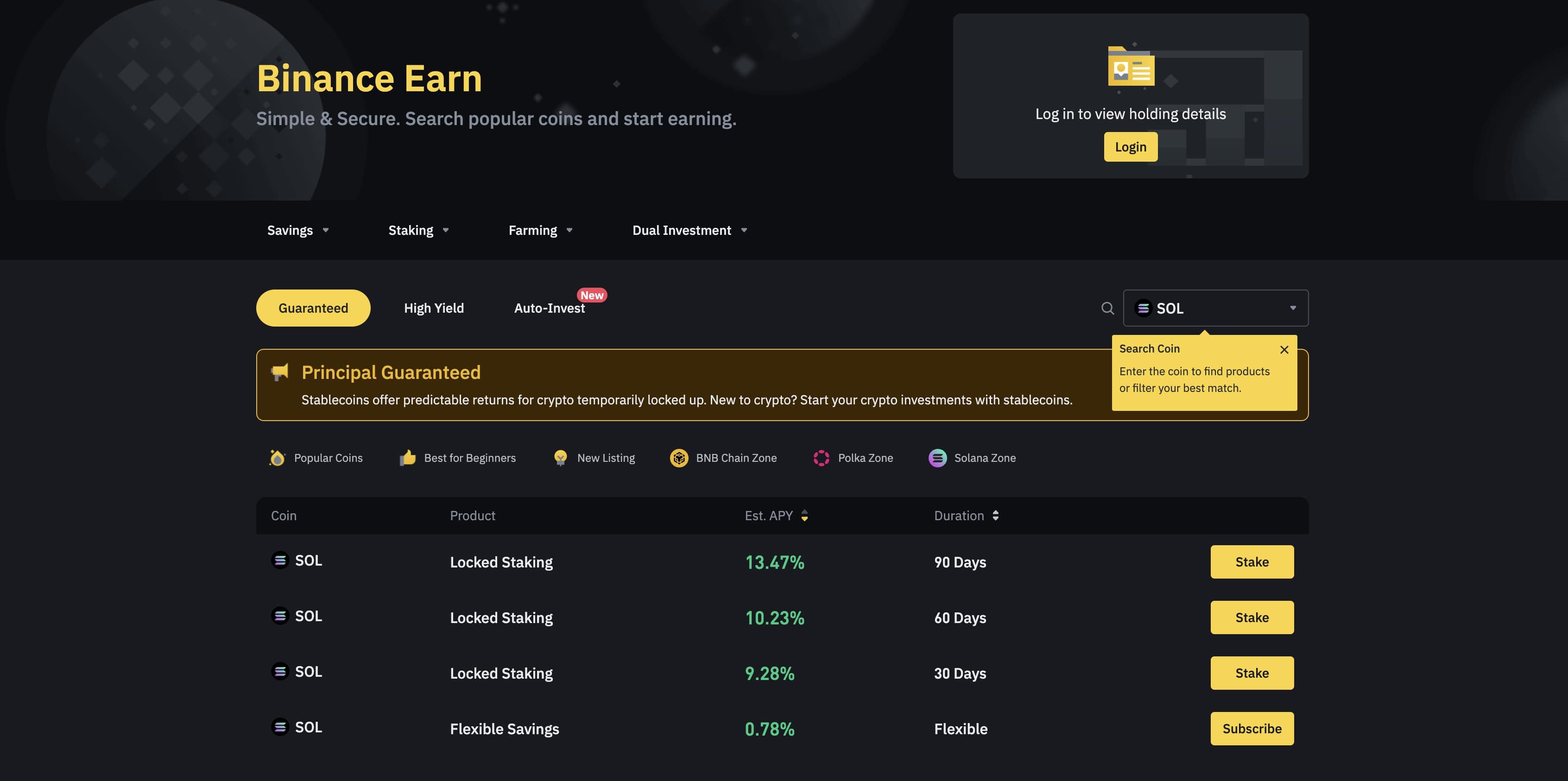 Binance Earn SOL Staking APY
