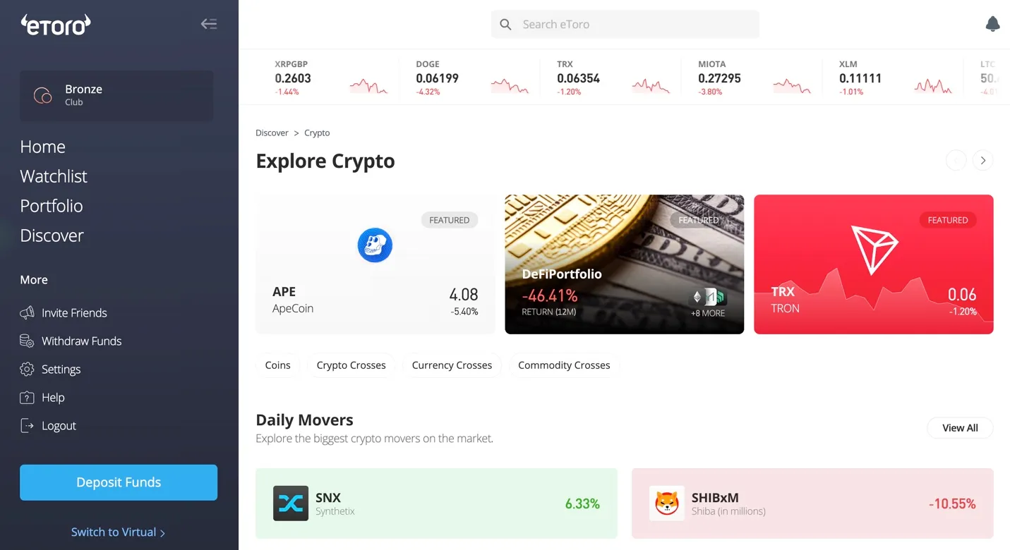 eToro Crypto Home Page