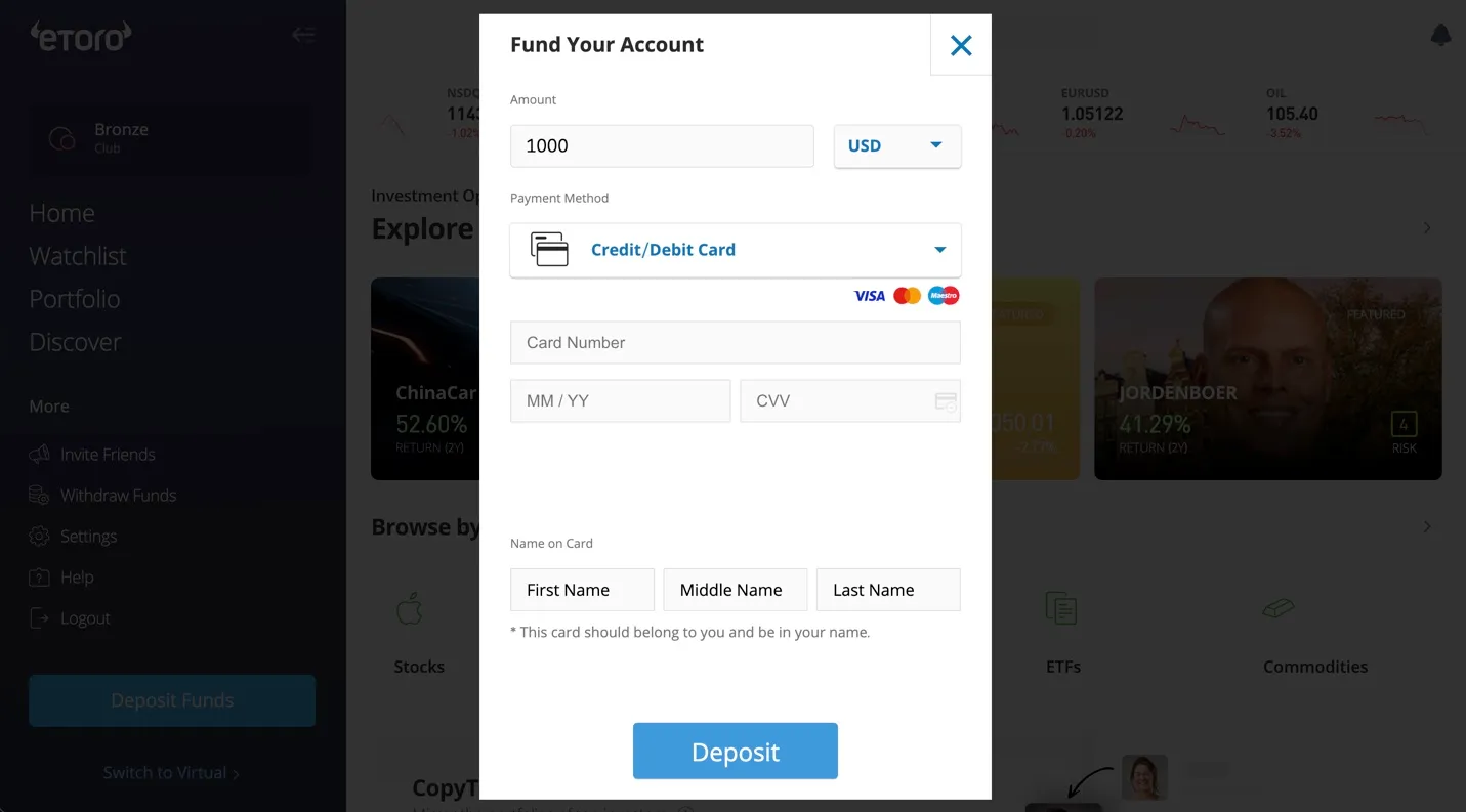 Fund your Account via credit/debit card in eToro