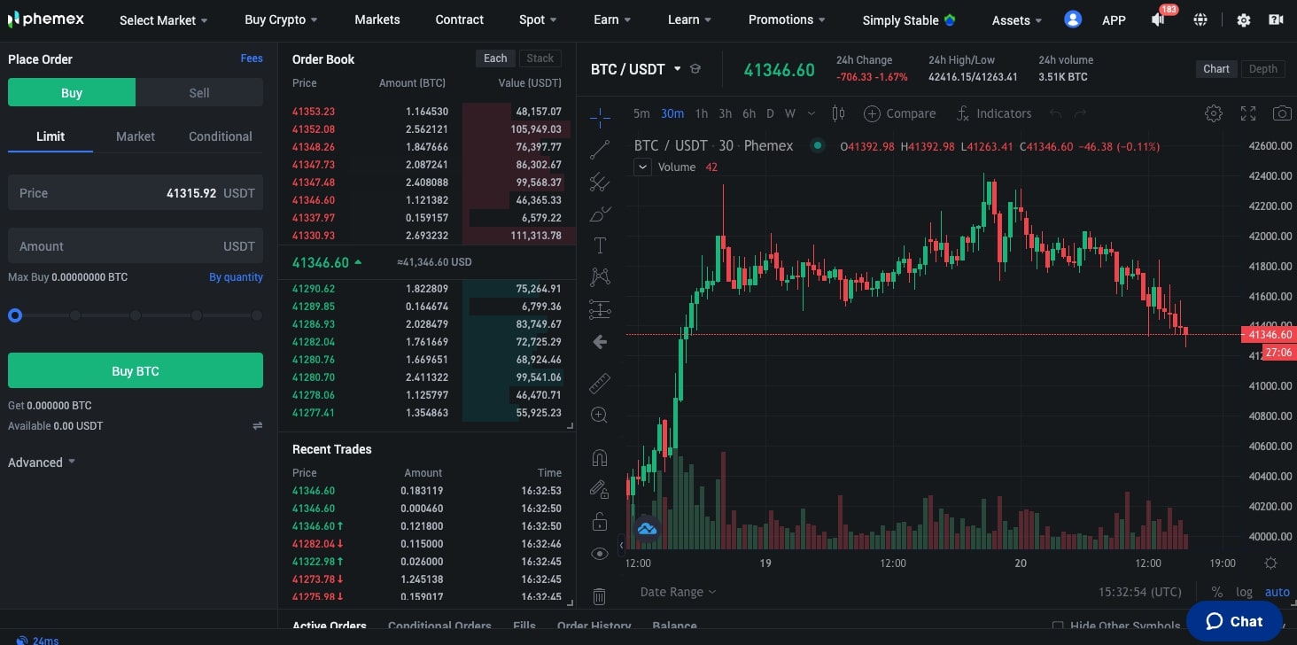 Phemex Crypto futures trading user interface