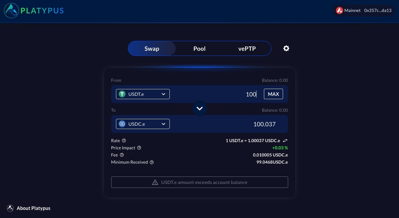 Platypus Finance AVAX DEX and farm
