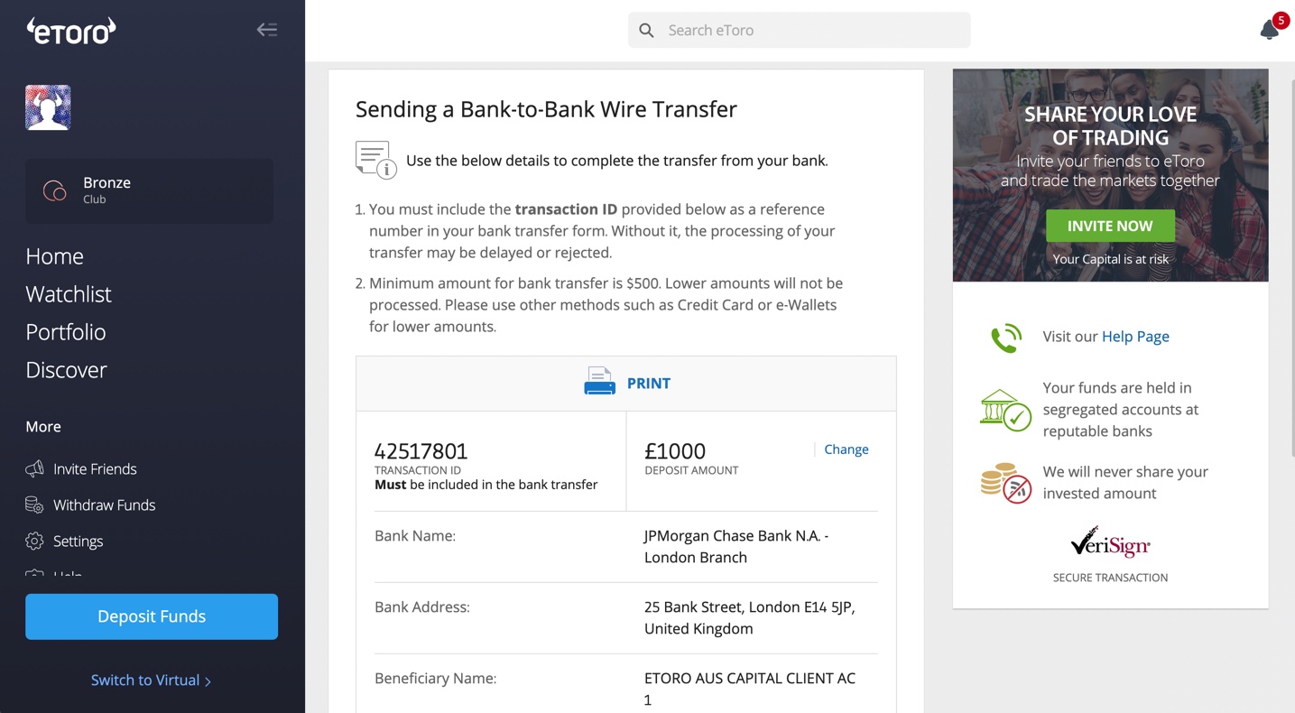 eToro Bank Wire Transfer Details Page