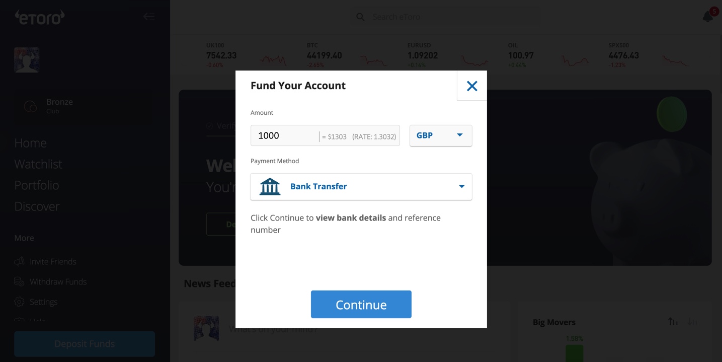 eToro Fund Account Page - Metro Bank
