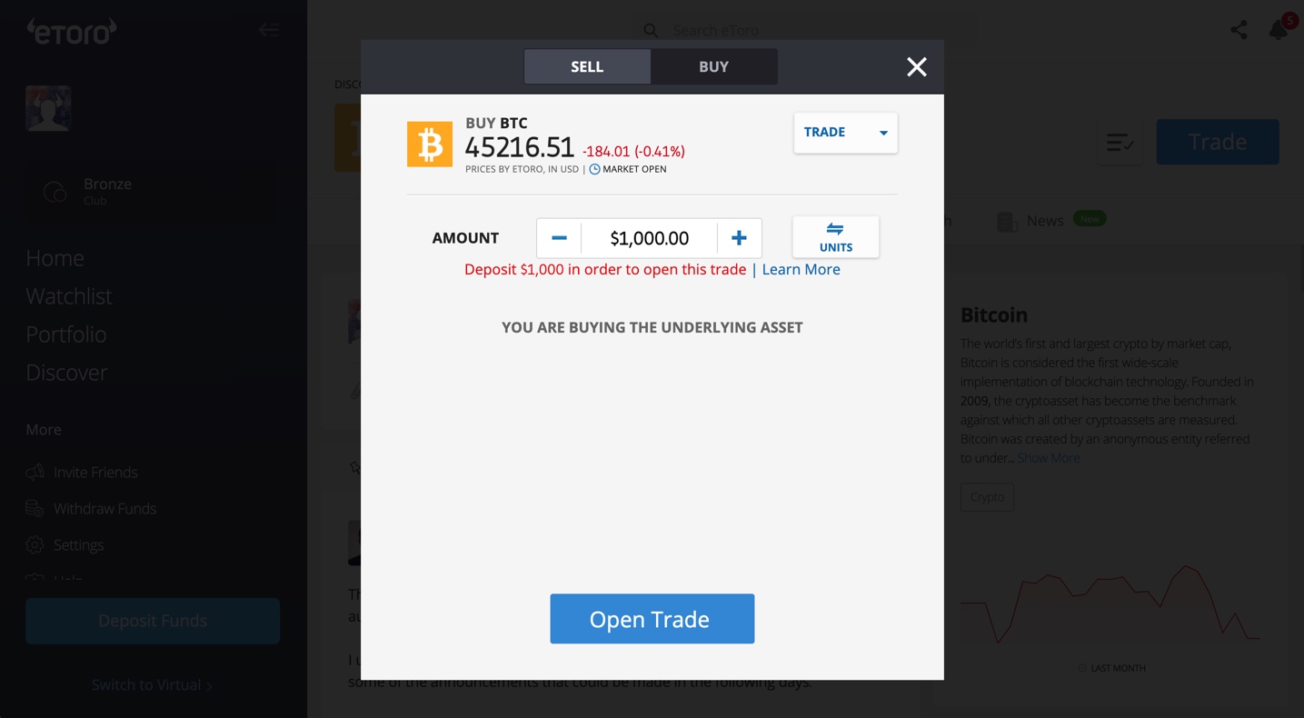 eToro buy Bitcoin Page