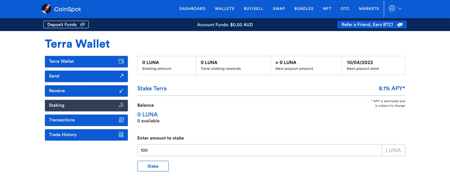 Terra CoinSpot Staking Page