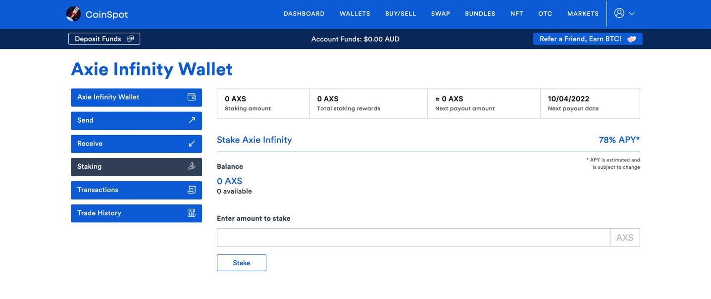CoinSpot Staking Page - Axie Infinity Wallet