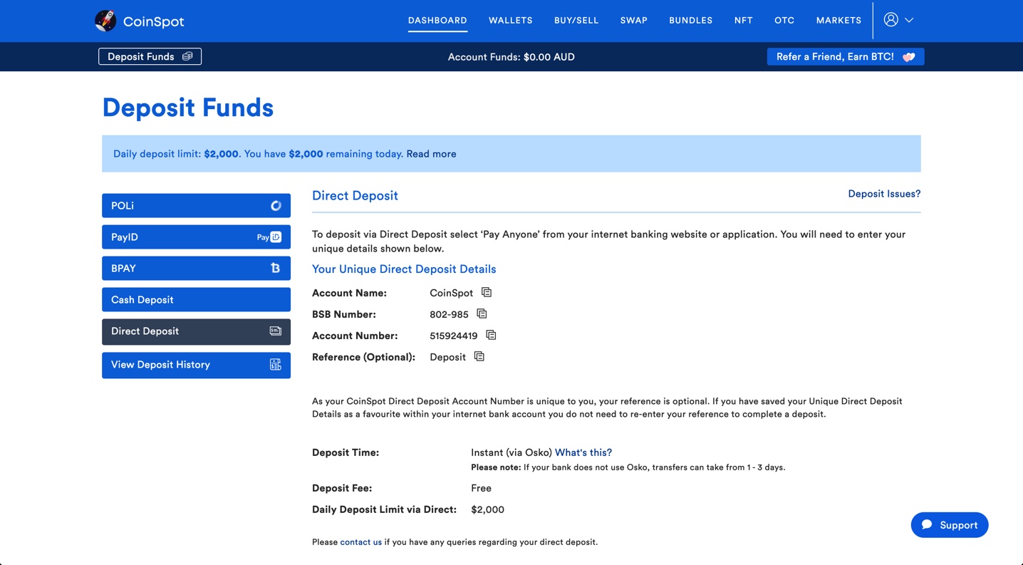 CoinSpot Direct Deposit Page