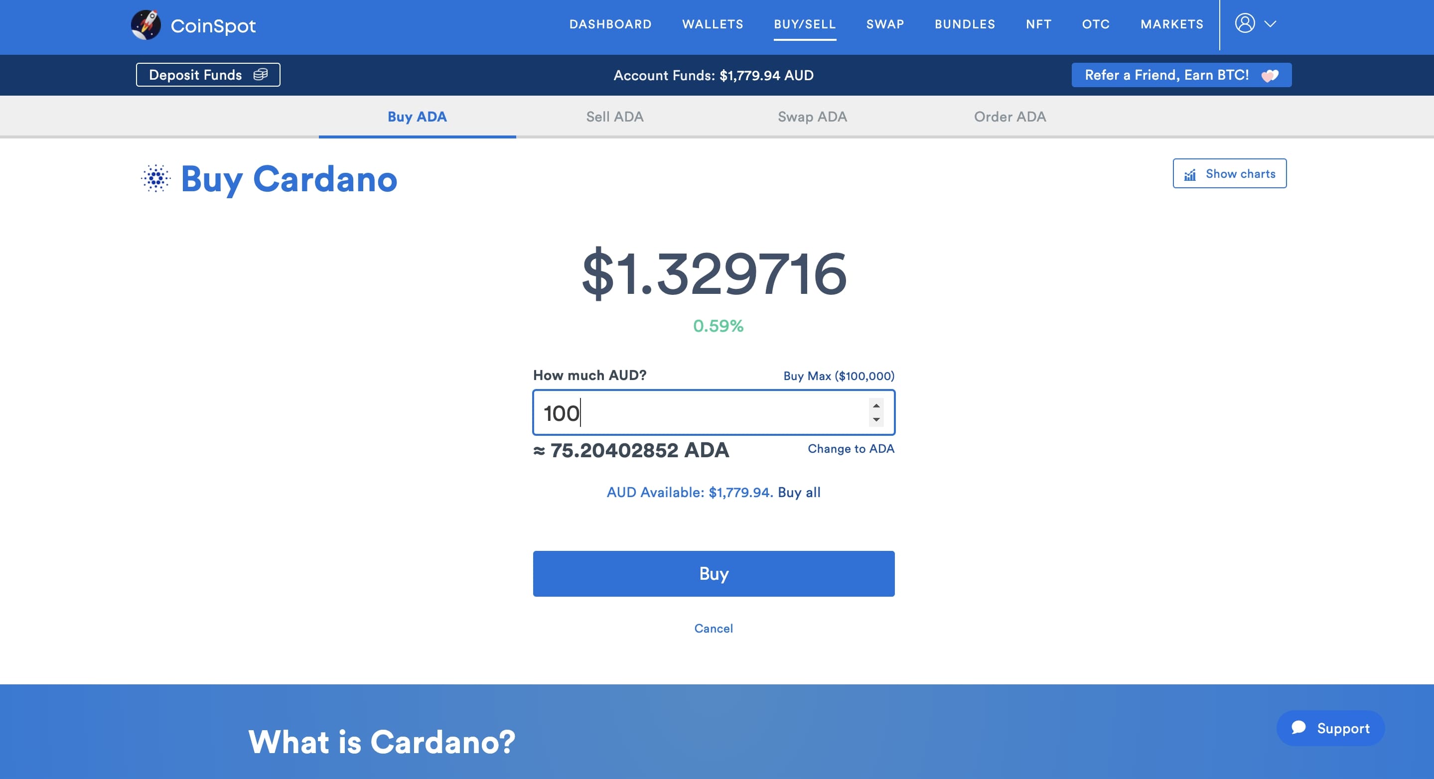 Buying $100 AUD of ADA on CoinSpot